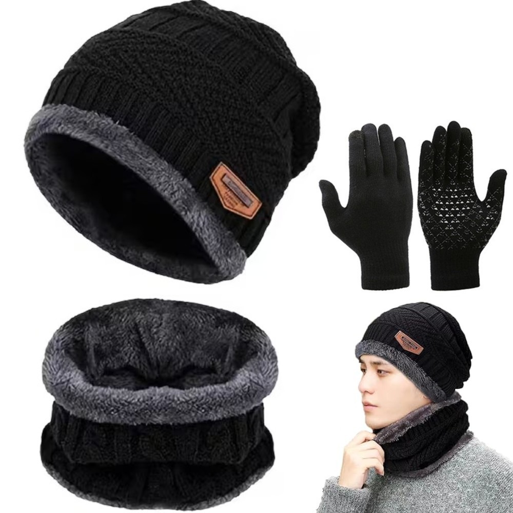 Unisex Knit Thick Fleece Warm Winter Beanie Hat & Scarf & Gloves Set Mens Womens