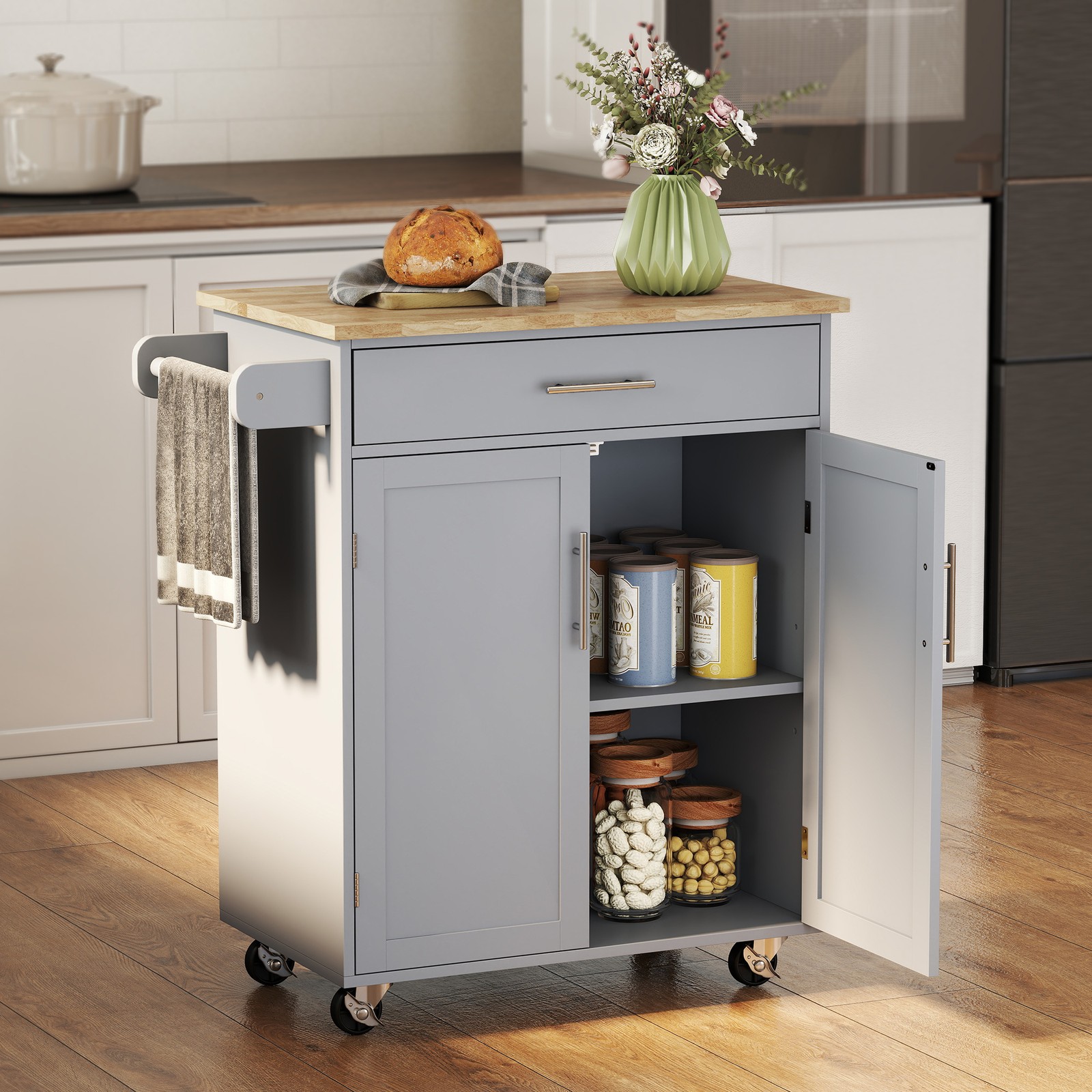Kitchen Large Storage Island on 360° Swivel Wheels Cart w/ Drawer