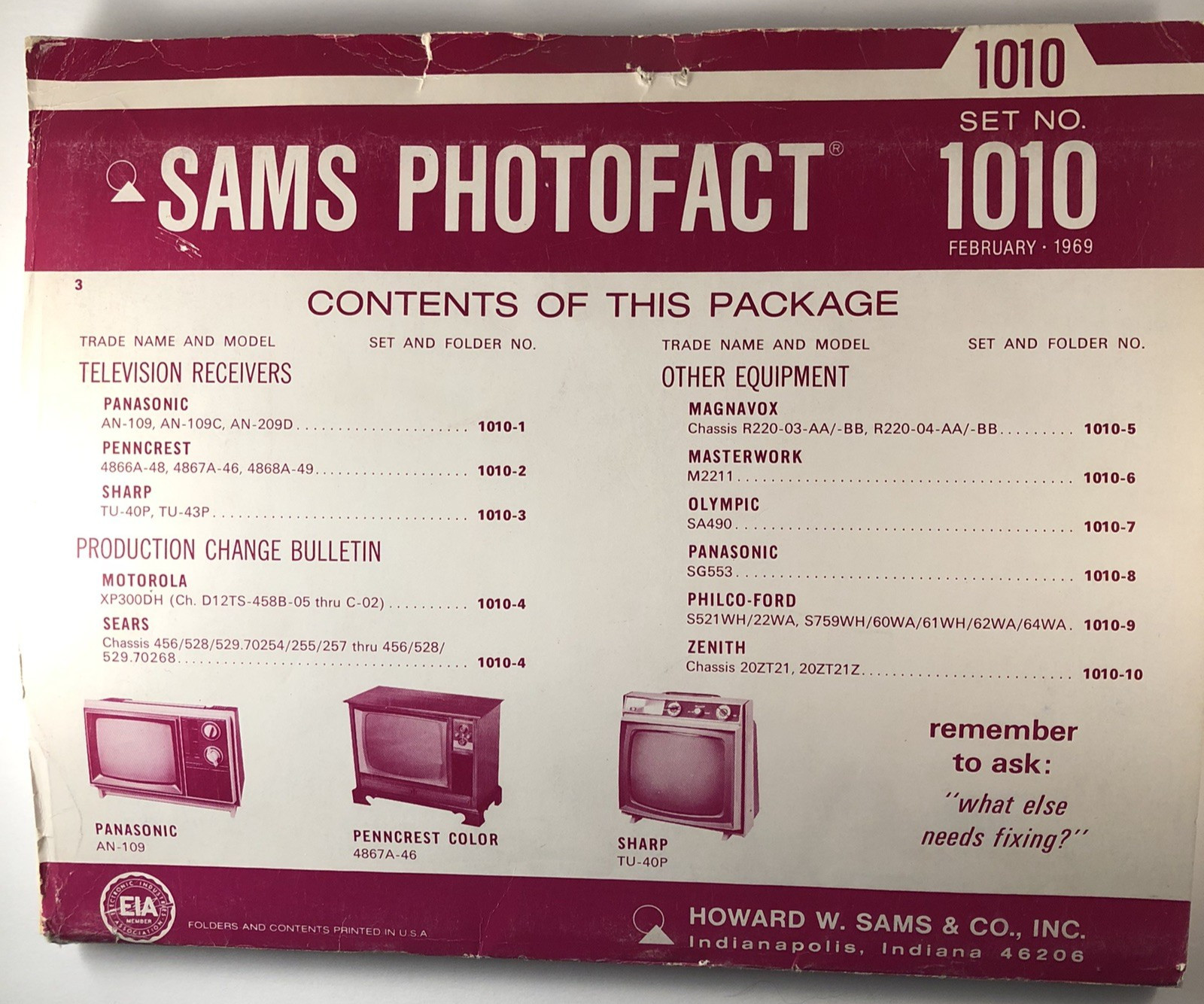 SAMS PHOTOFACT FOLDER SET NO. 1010, 1969, SCHEMATICS & SERVICE MANUALS