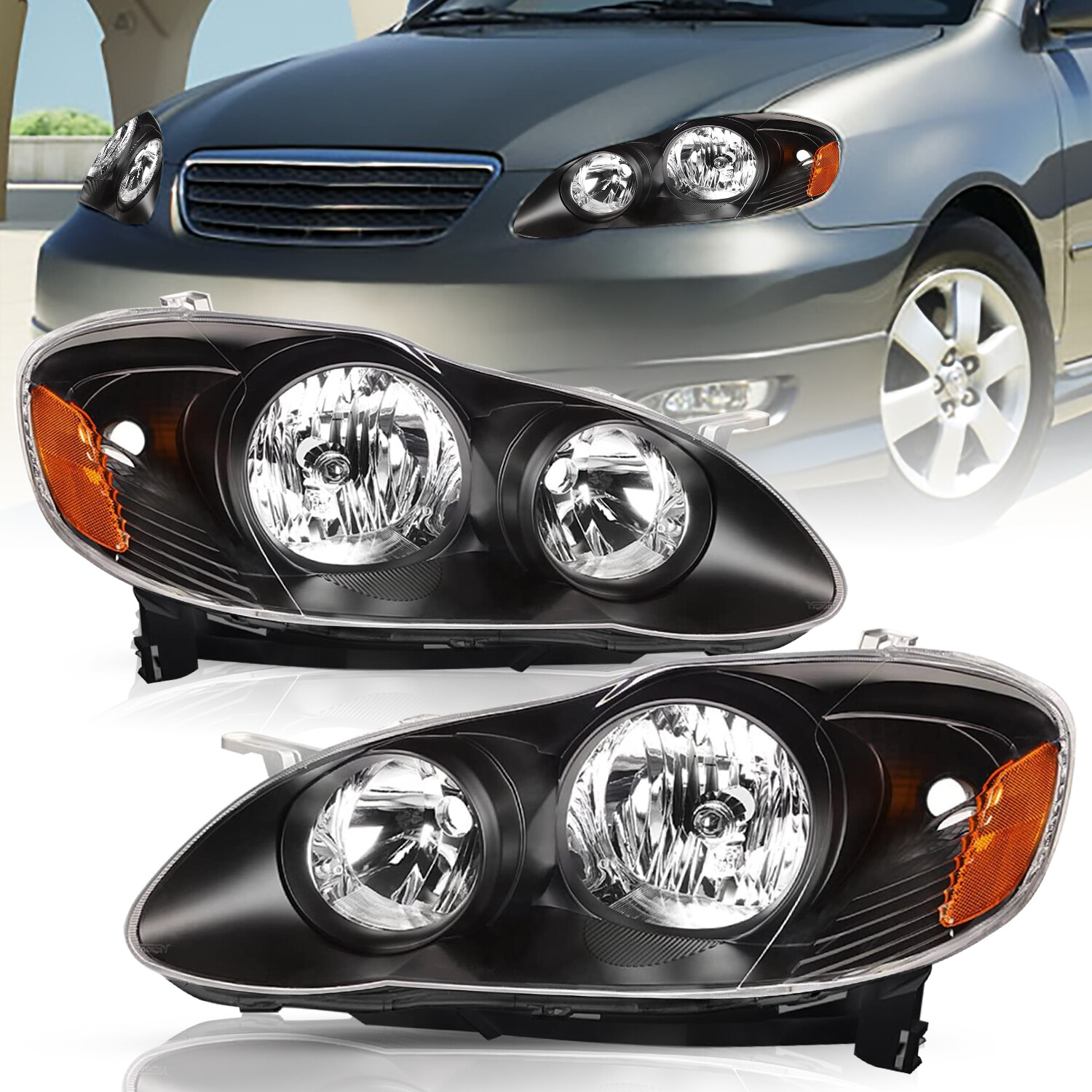 For 2003-2008 Toyota Corolla Sedan Black Headlight Assembly Headlamps Left+Right