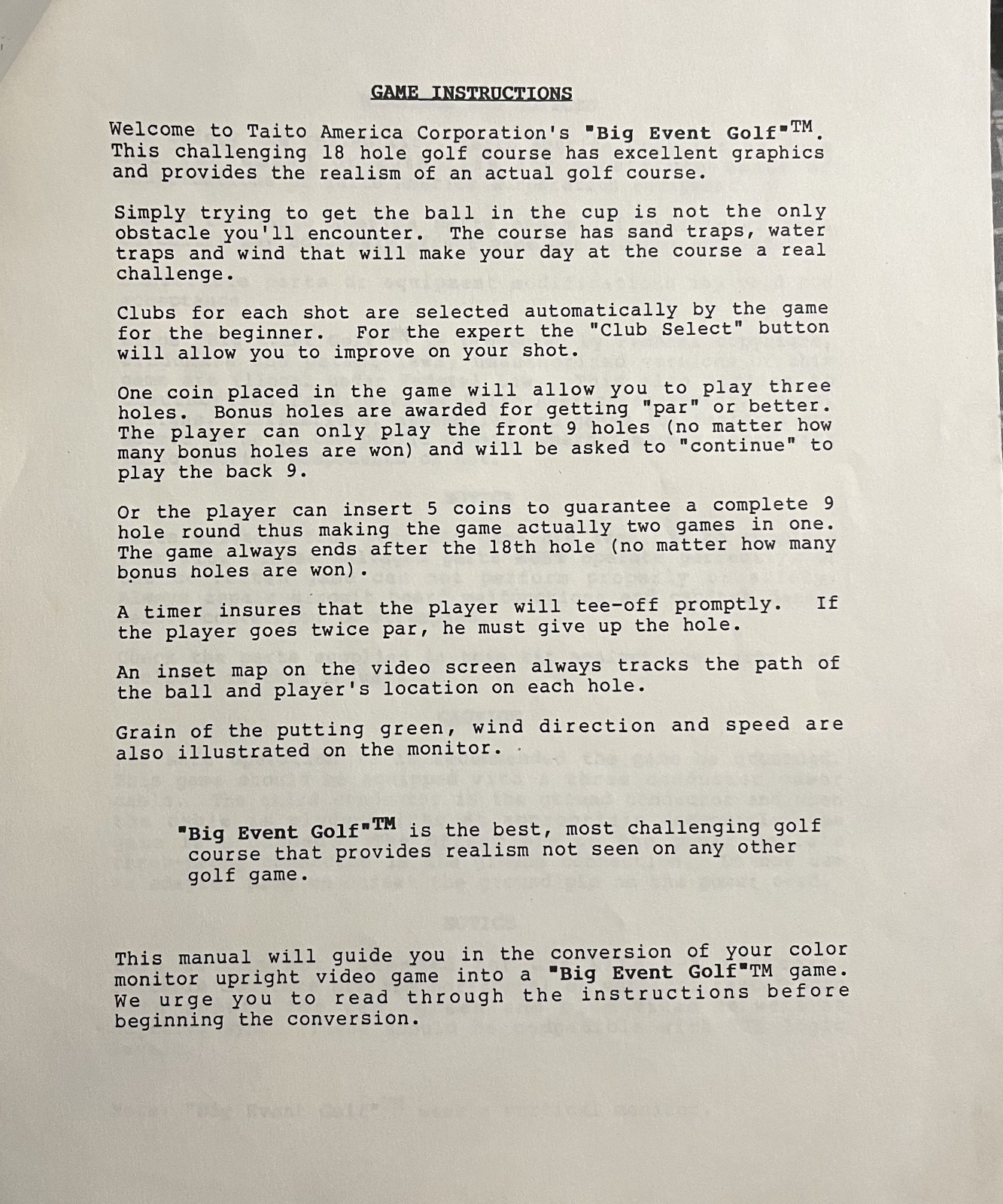 Original 1986 Taito 'Big Event Golf' Operator's Instruction Manual
