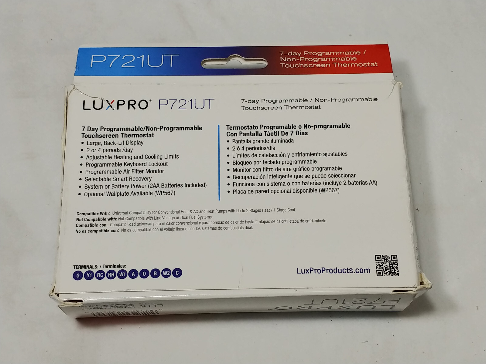 LuxPro Universal 7-Day Touchscreen Programmable or Manual Thermostat P721UT NOS