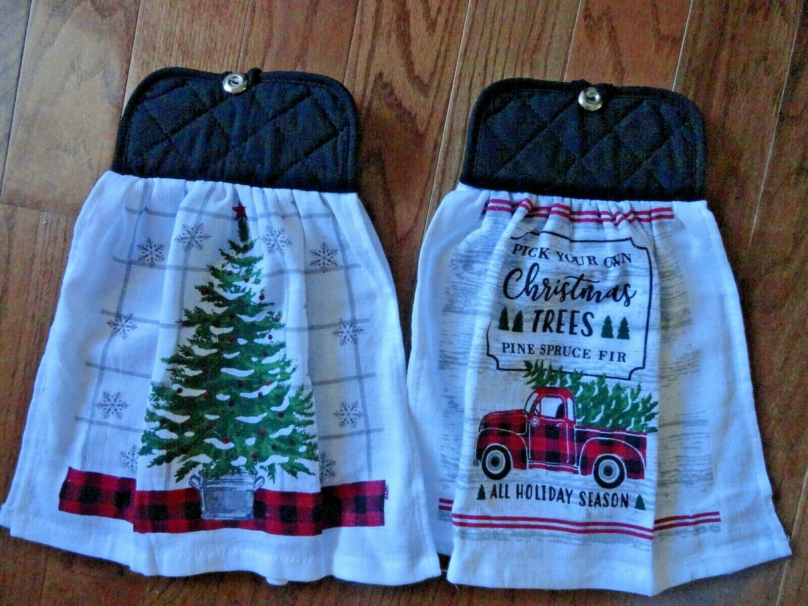 2 Towel Christmas Pick Your Tree Truck & Cut Tree Oven Door Hanging Towel Set