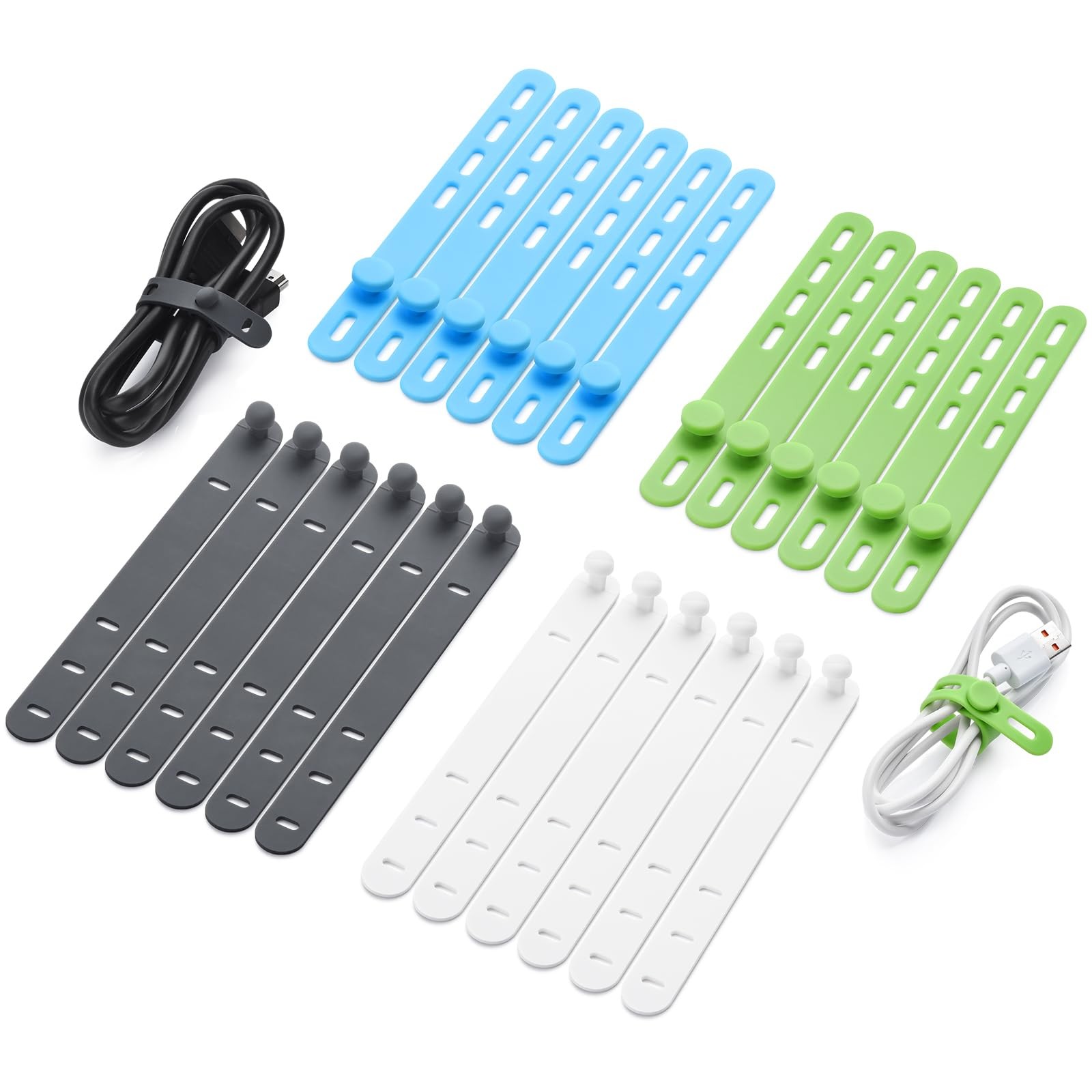 24 Pcs Silicone Cable Ties, Cord Organizer Ties, Cord Ties Reusable, Cord Wra...