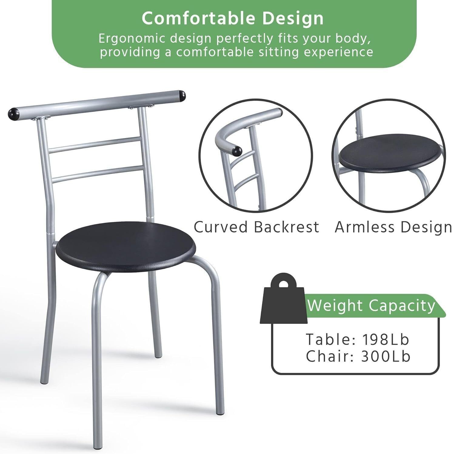 3-Pce Dining Room Table Set, Kitchen Table & Chair Sets for 2, Compact Table Set