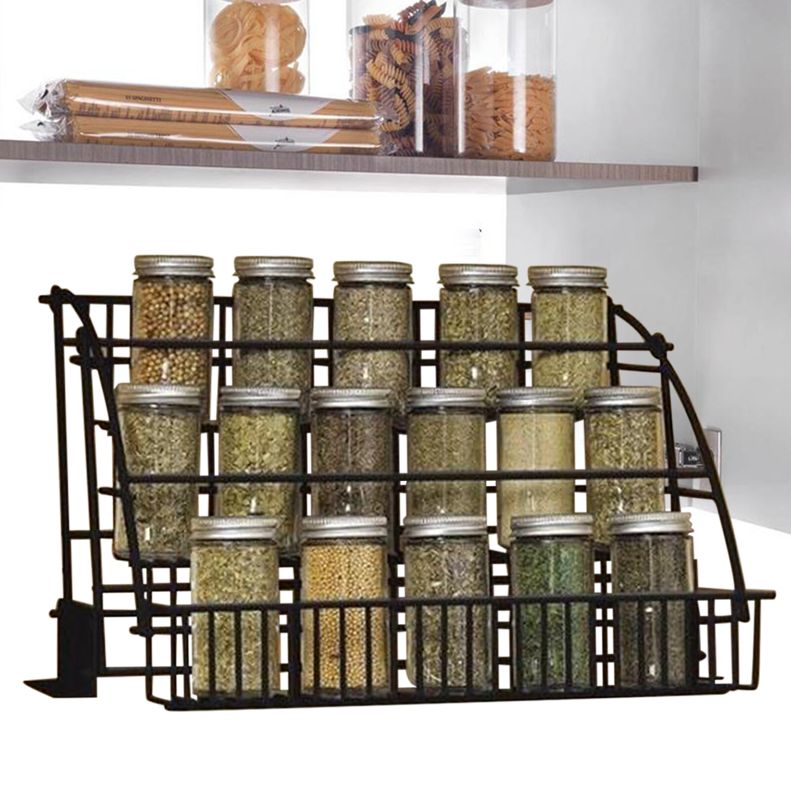 3 Layers Pull Down Spice Rack Pull Out Metal Cabinet Organizer Kitchen Stand