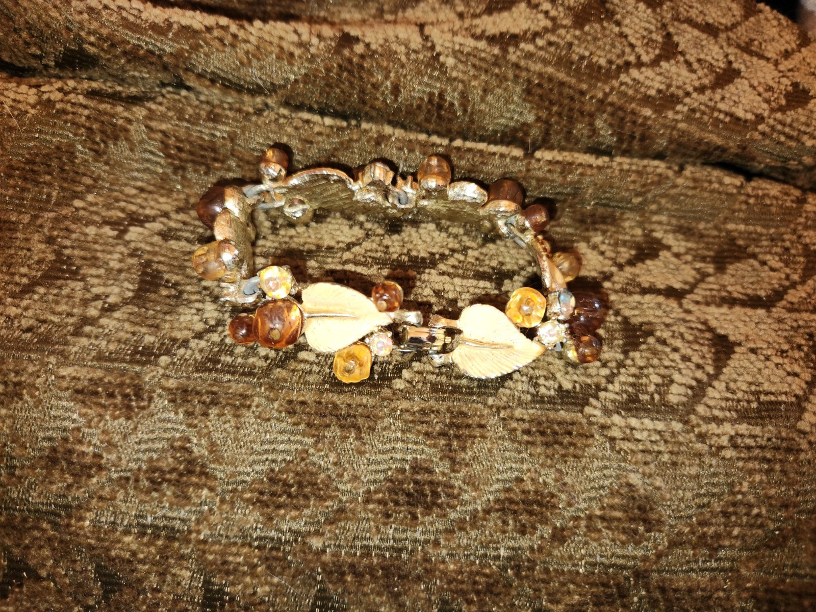 Vintage Amber Glass & AB Crystal Beaded 7" Bracelet Unmarked #15