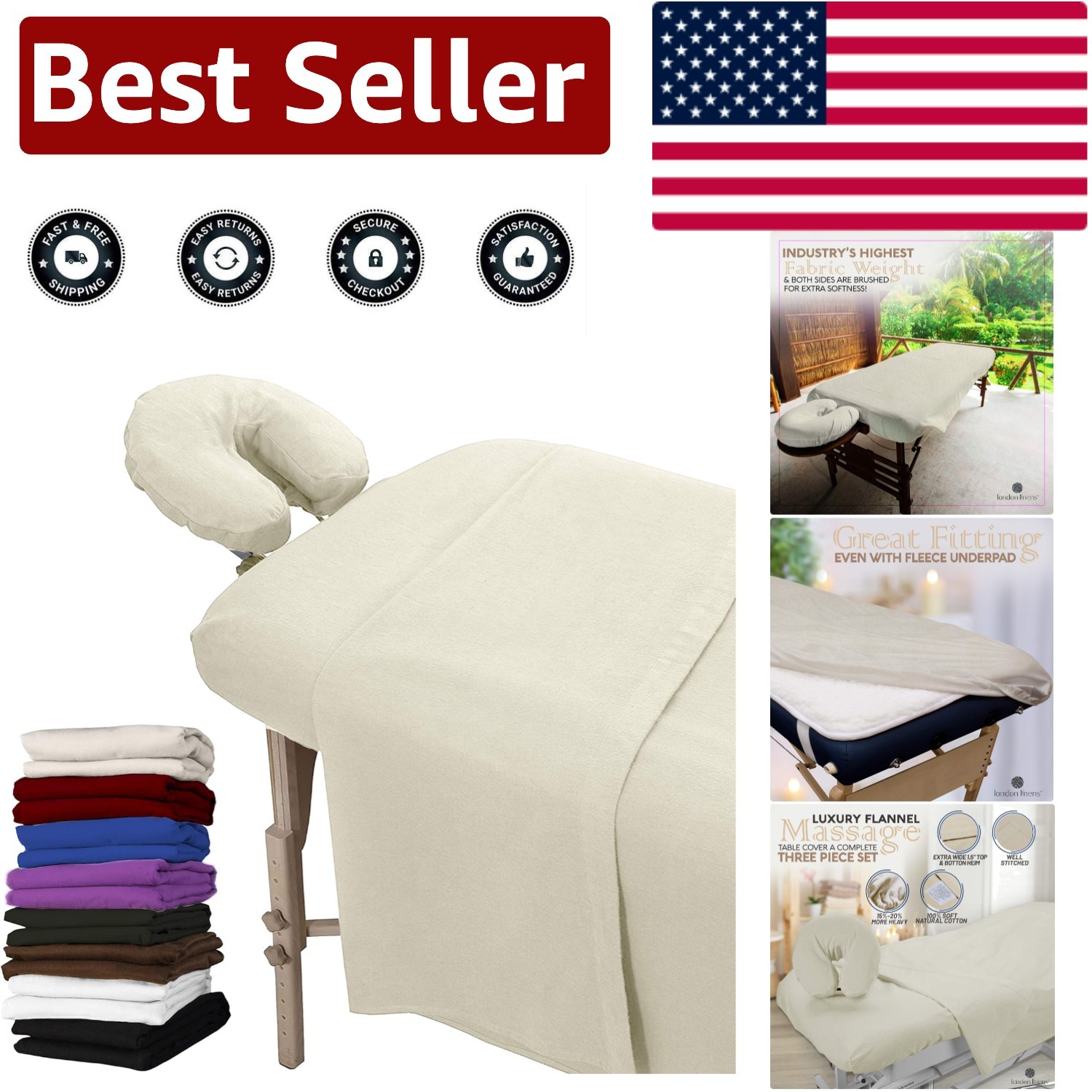 Luxurious 3-Piece Extra Thick Massage Table Sheet Set in Natural Cotton Flannel