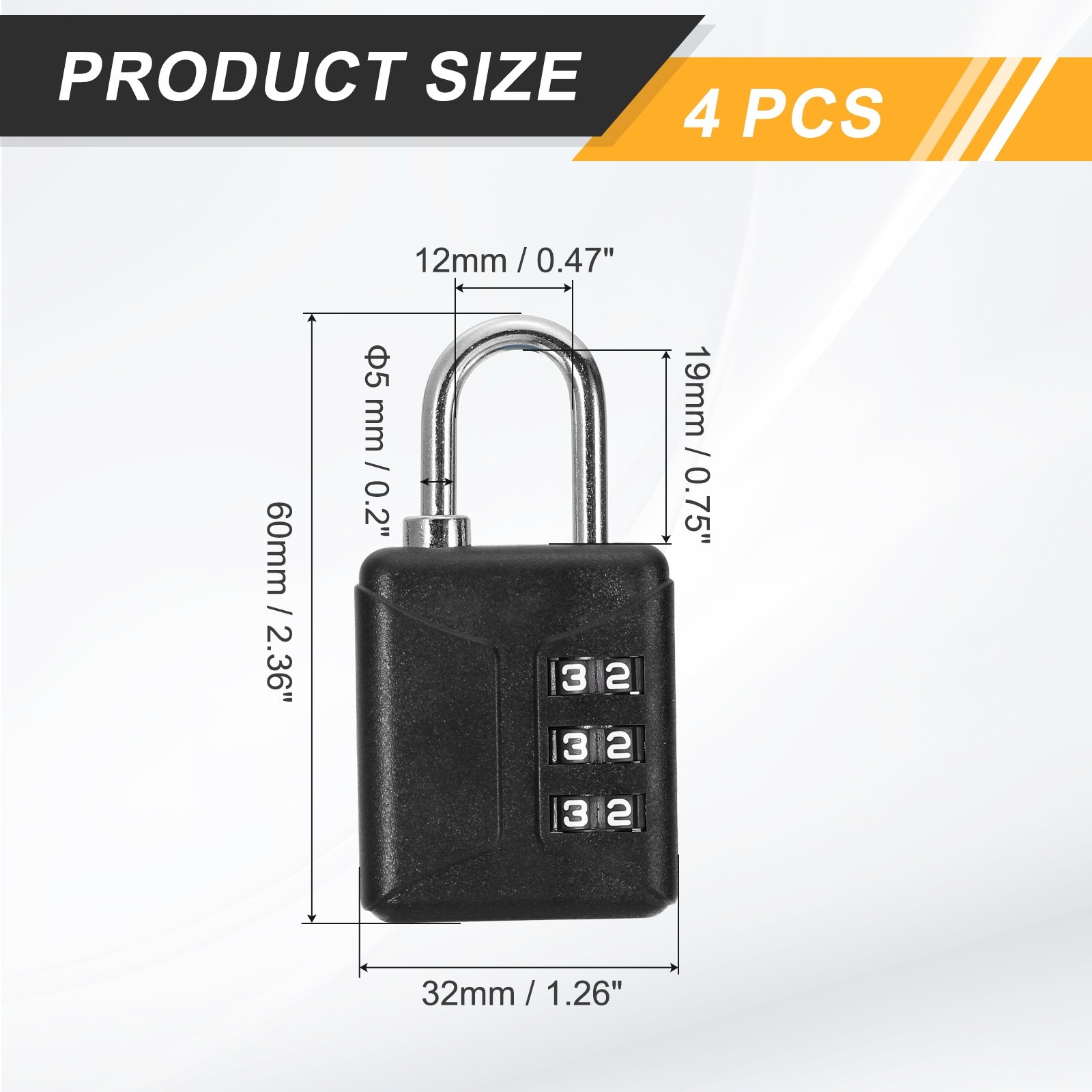 4pcs Resettable 3 Digit Plastic Combination Padlock, Black (60 x 32mm)