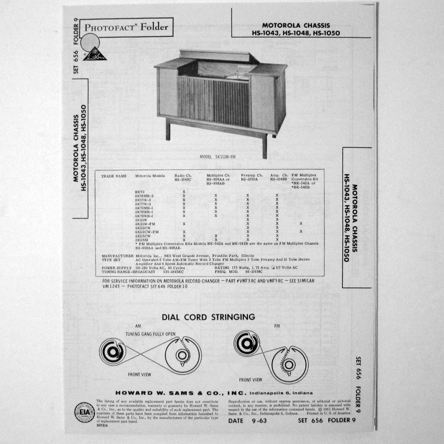 Motorola Chassis HS-1043 HS-1048 HS-105 SK111W-FM SAMS Photofact ™ 1963 New