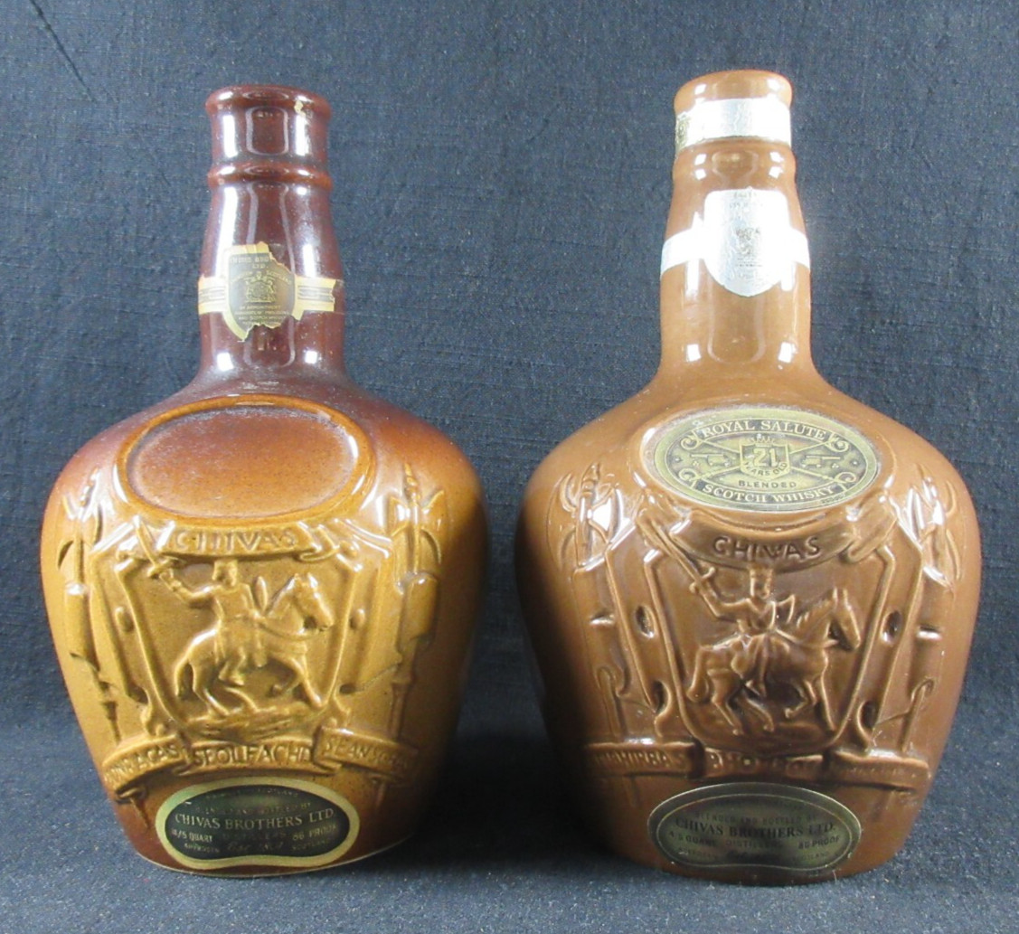 Pair of Chivas Regal Scotch Whiskey Bottles. Spode and Royal Daulton. Empty
