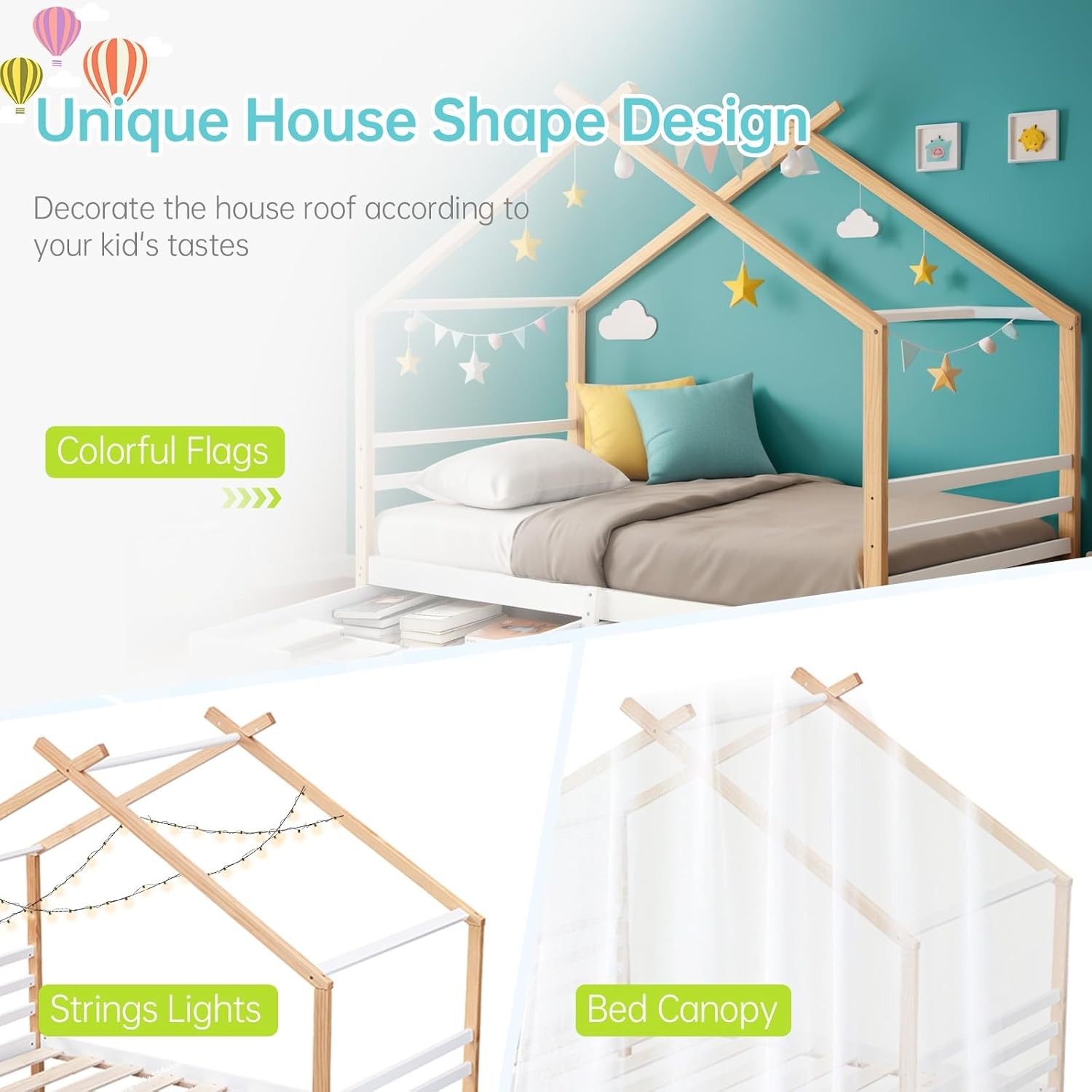 Twin Size Kids House Bed Frame 2 Storage Drawers Wooden Platform Bed