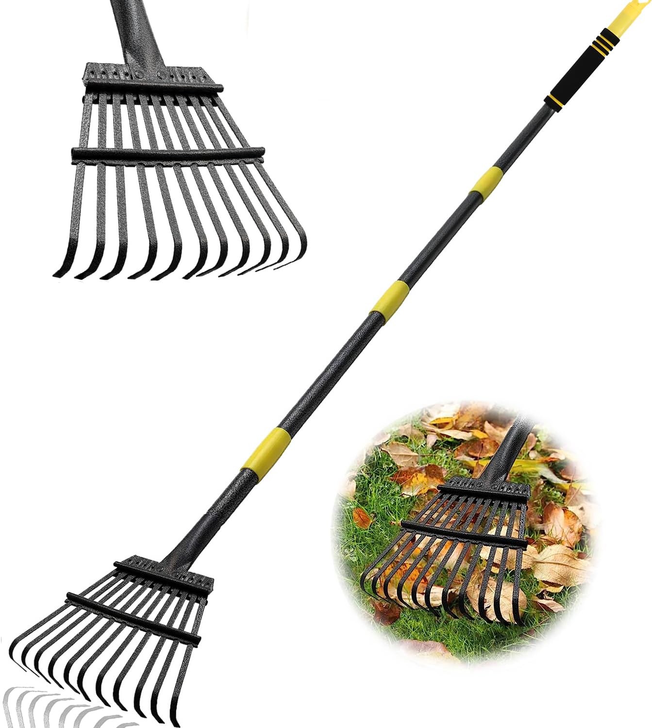 Garden Leaf Rake Heavy Duty 11 Metal Tines Adjustable Handle Black 6 FT
