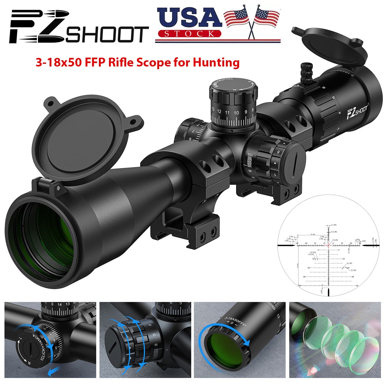 3-18x50mm FFP Rifle Scope | Illum. MOA Reticle | Zero Stop | Parallax Adjustment