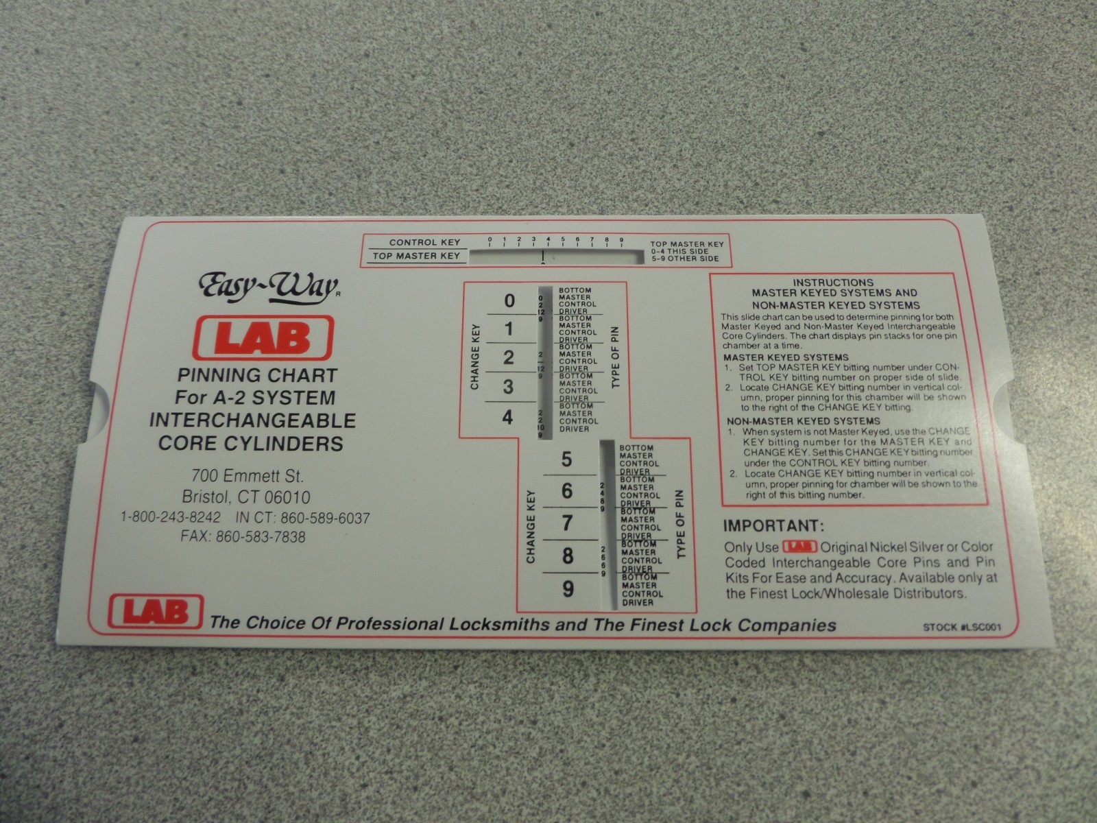 LAB LSC001 IC CORE EASY WAY PINNING CHART LOCK REKEYING TOOL