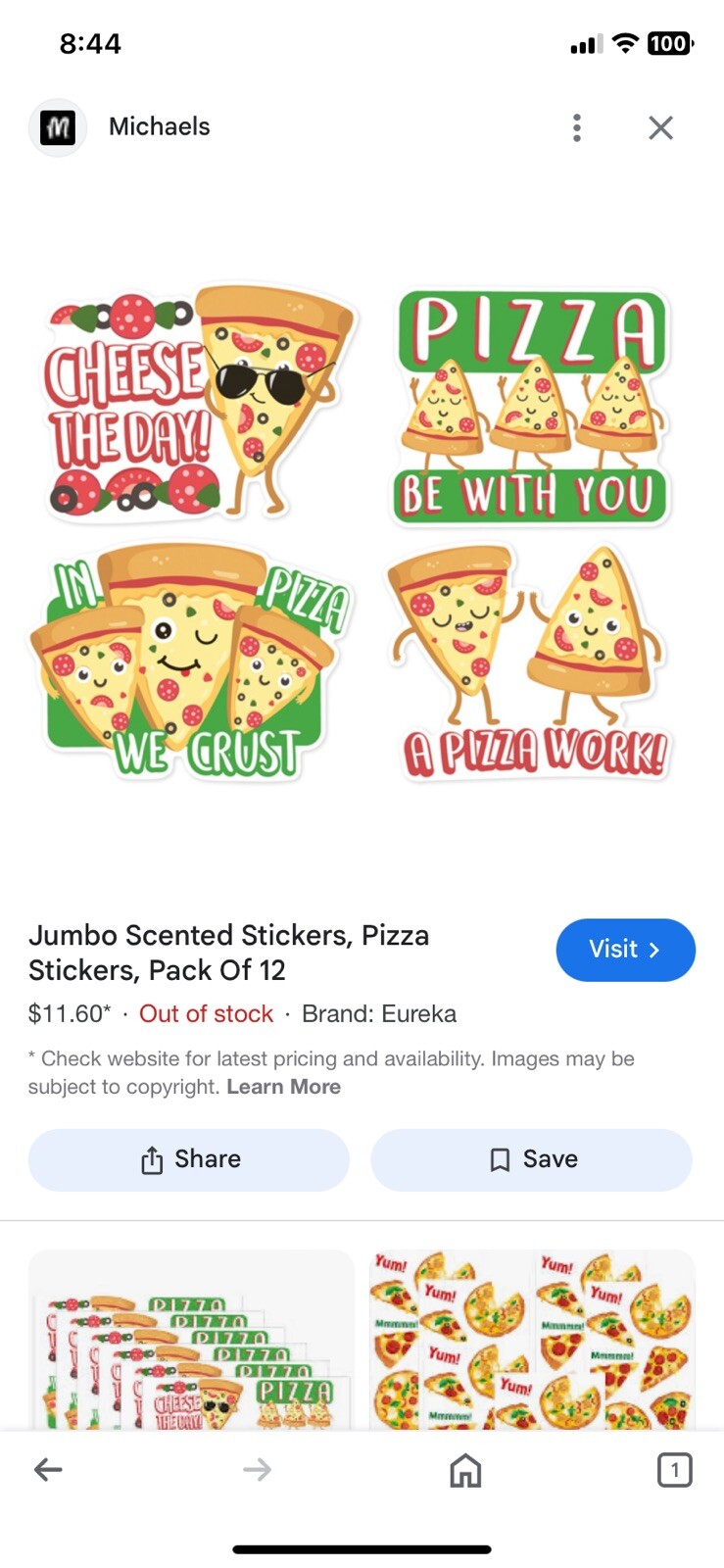 Eureka 12 Piece JUMBO Scratch and Sniff PIZZA Sticker Sheet Reward Stickers