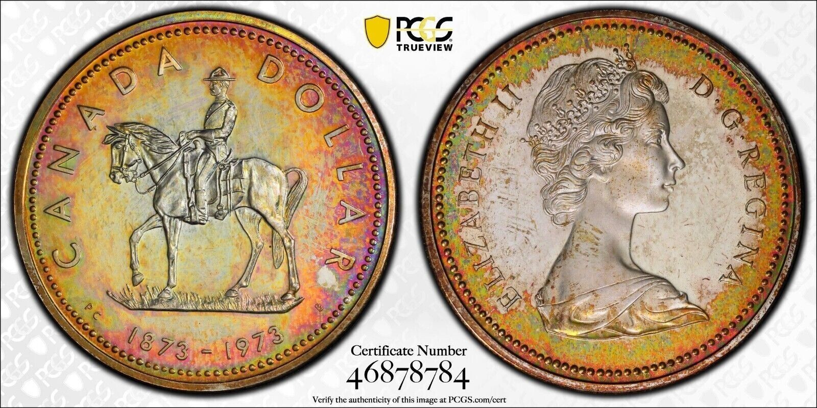 C098 Canada 1973 Silver Dollar R.C.M.P. Centennial KM-83 PCGS SP67 Nicely toned.