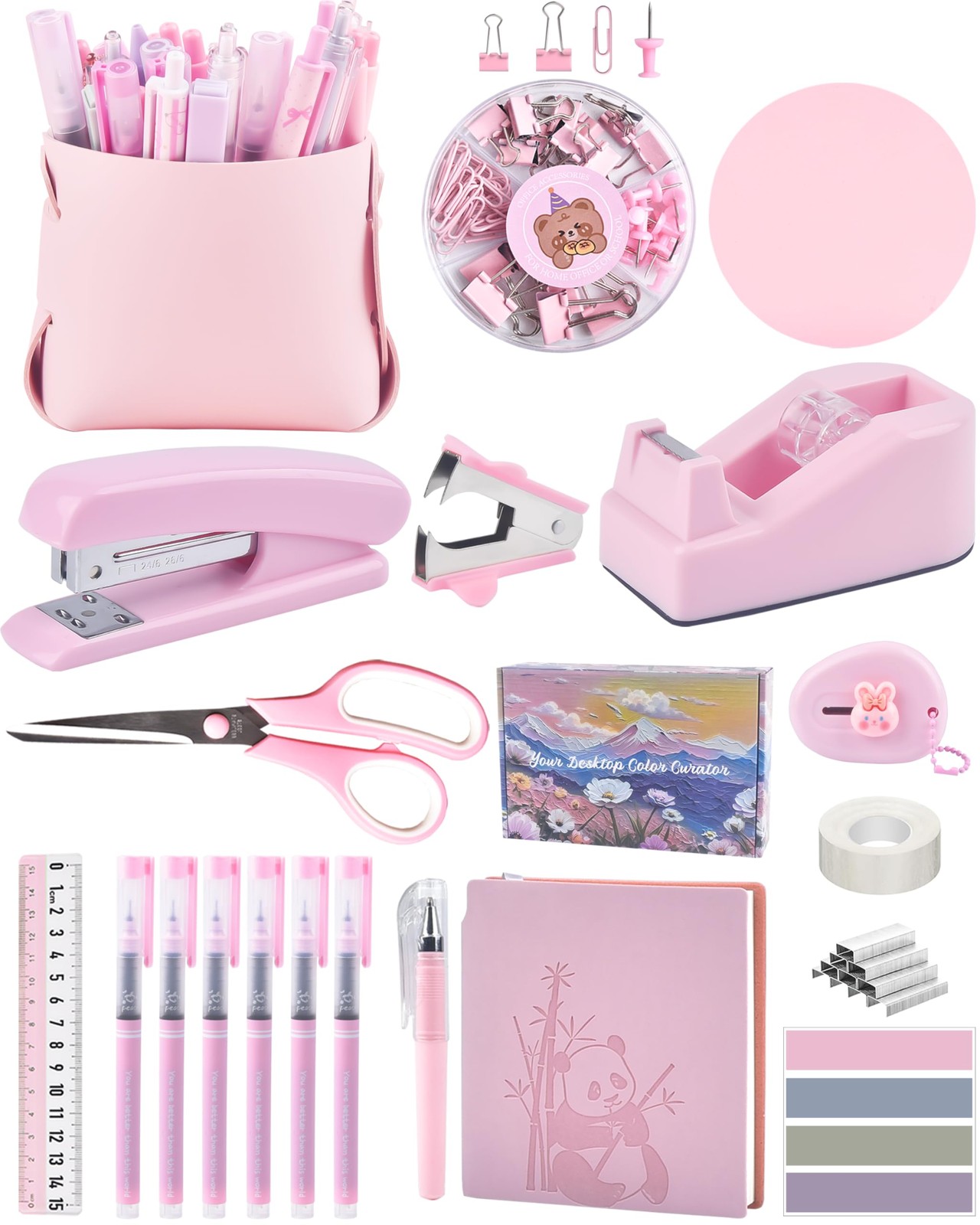 Pink Desk , Pencil case, Stapler, Pen and a Lot of Office Pink Office Supplie...