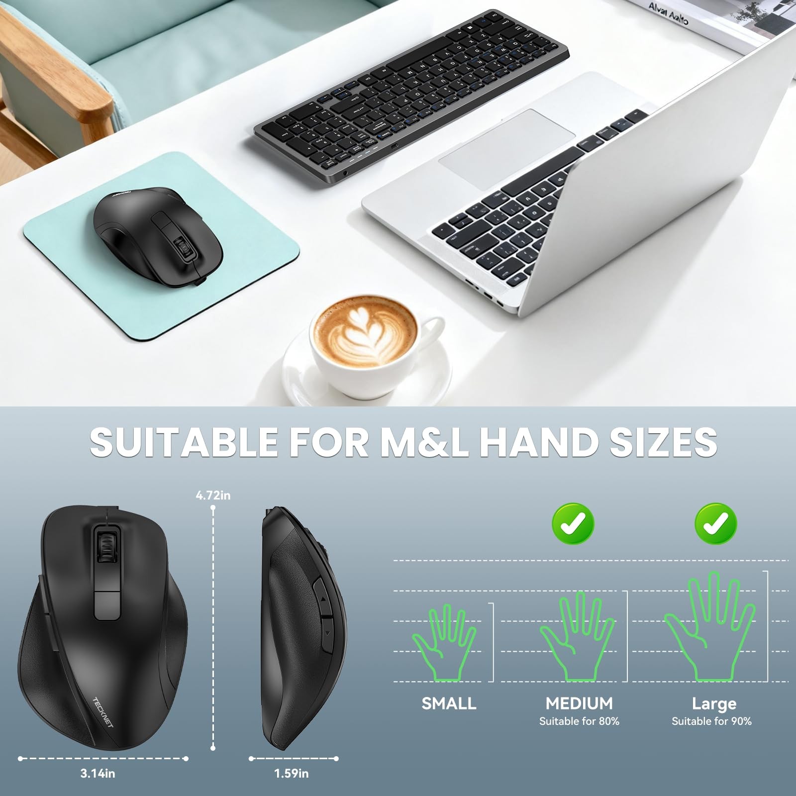 TECKNET Wireless Mouse, Bluetooth Mouse (BT5.0/3.0 & 2.4G) Rechargeable 4800 ...