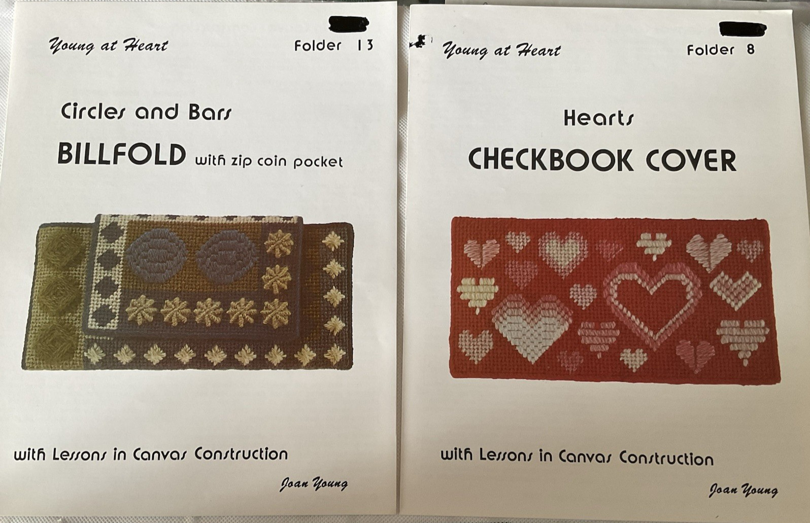 Needlepoint Charts 2 Young At Heart #8 and #13 Billfold Glass Case Checkbook