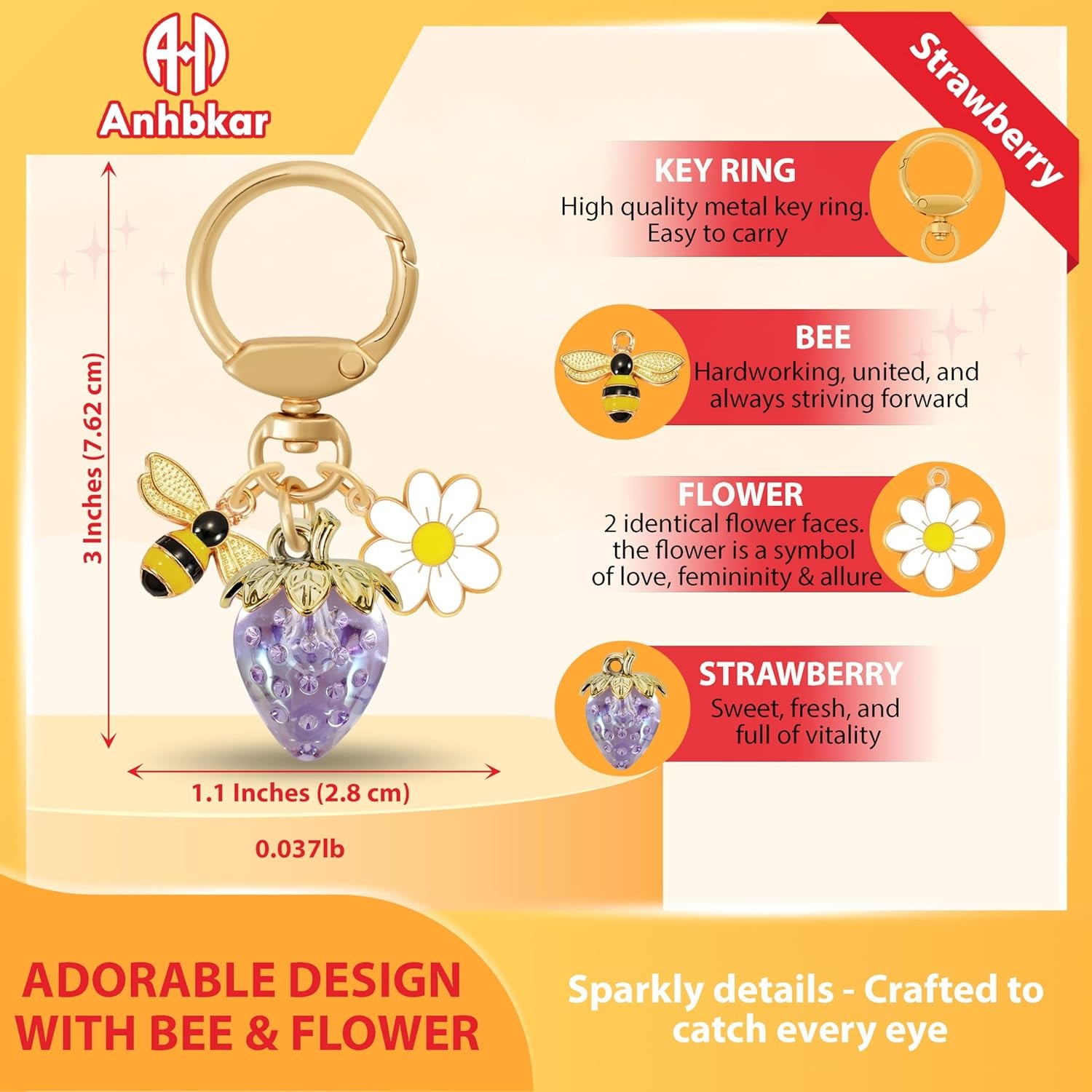 Strawberry Bag Charm with Flower & Bee for Handbags or Wallet - Cute Strawberry