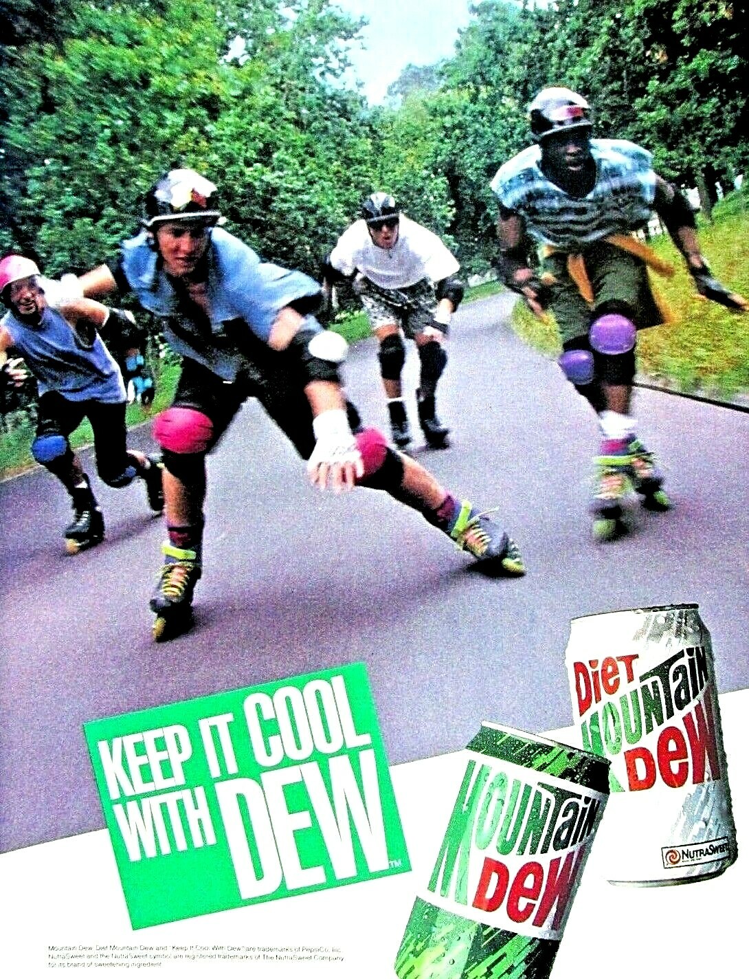 1991 Mountain Dew Vintage Keep It Cool With Dew Roller Blades Original Print Ad