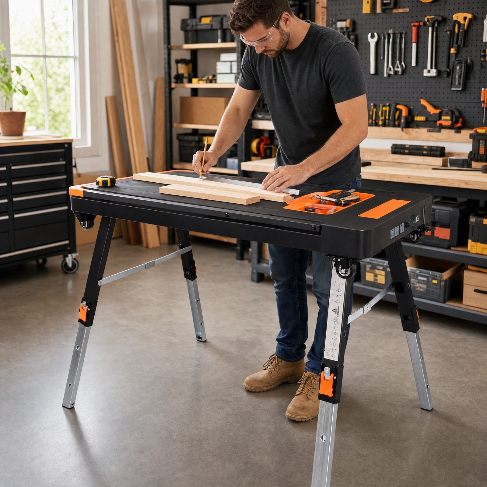 8-in-1 Portable Folding Work Table with US Socket Rolling Heavy Duty Workbench