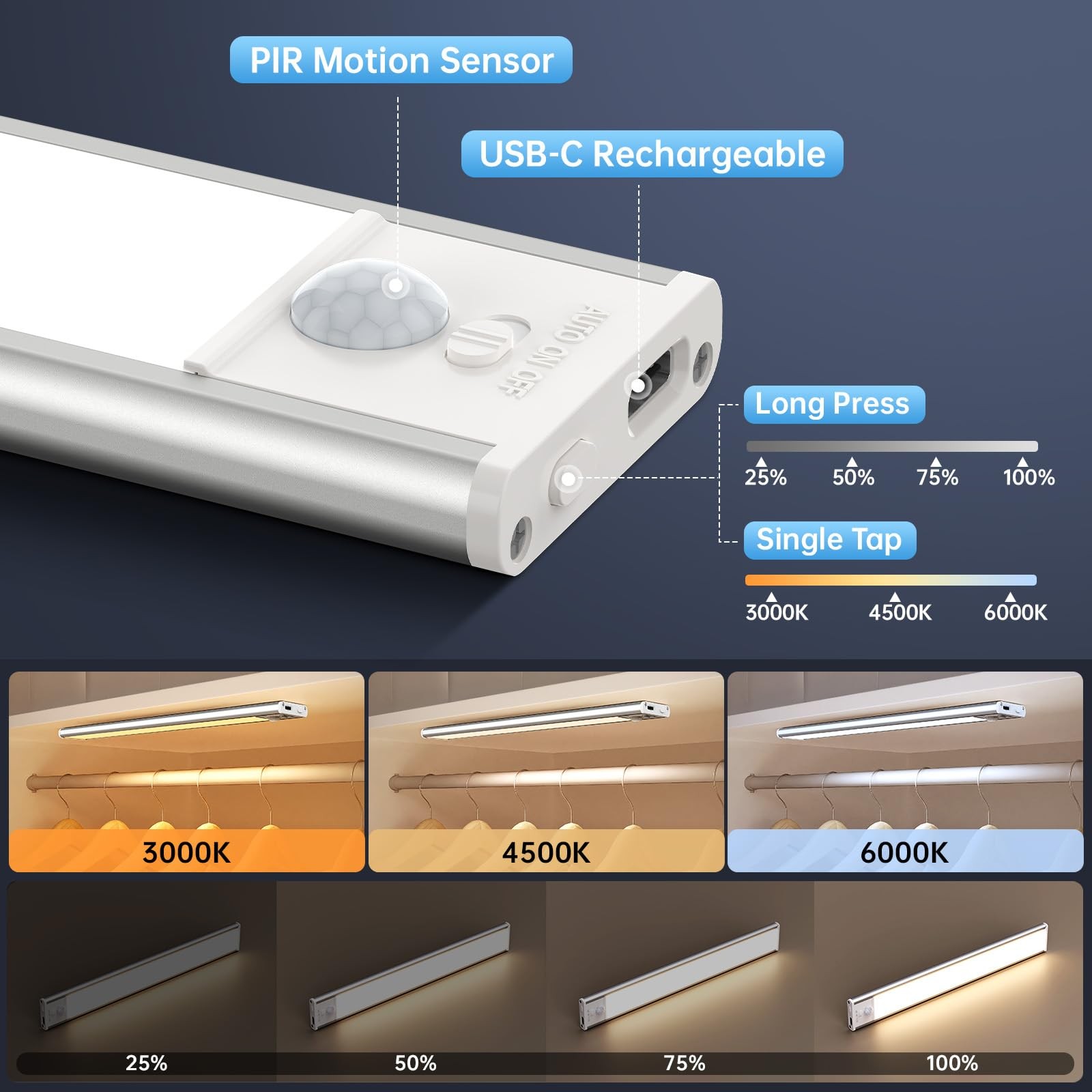 Under Cabinet Lighting,5 Pack Rechargeable Motion Sensor Light Indoor,3 Color...
