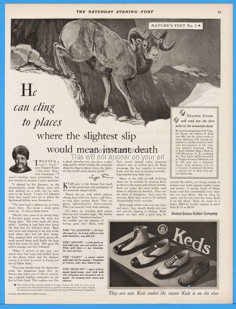 1928 Keds US Rubber Shoes Sneakers Mountain Ram Charles Livingston Bull Ad