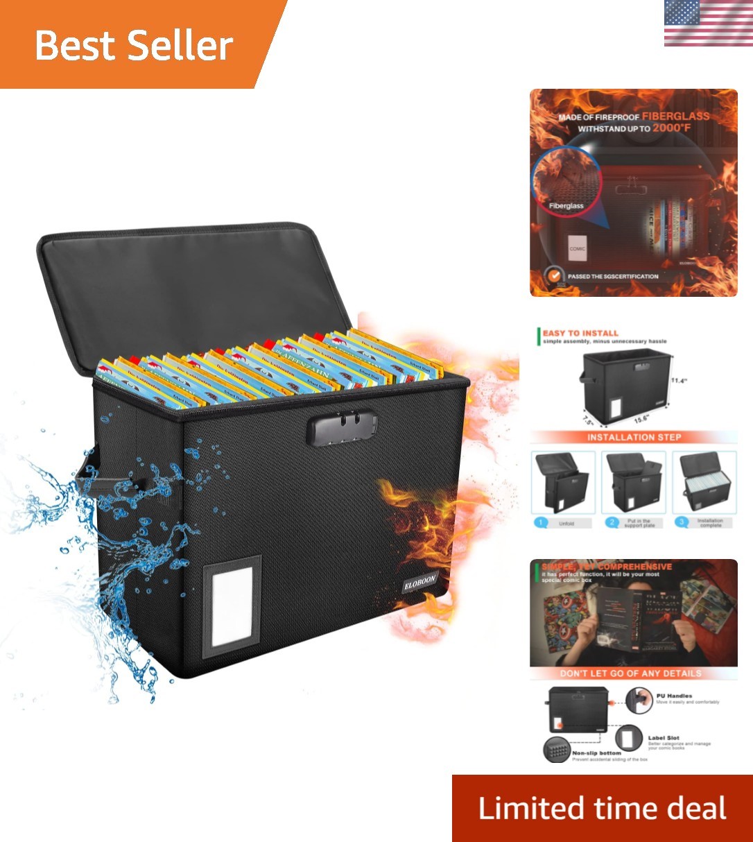 Heavy-Duty Fireproof Comic Book Storage Bin with Lock, Moisture-Proof Protection
