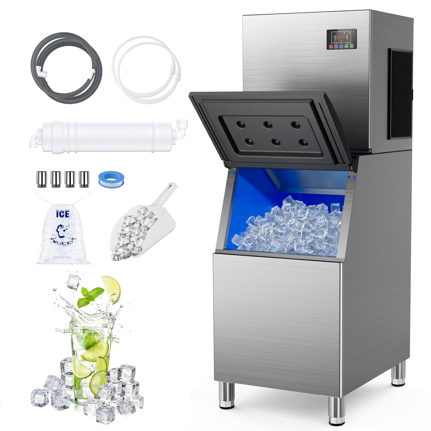 500LBS/24H Commercial Ice Maker Machines Air Cooling with 350lbs Storage Bin