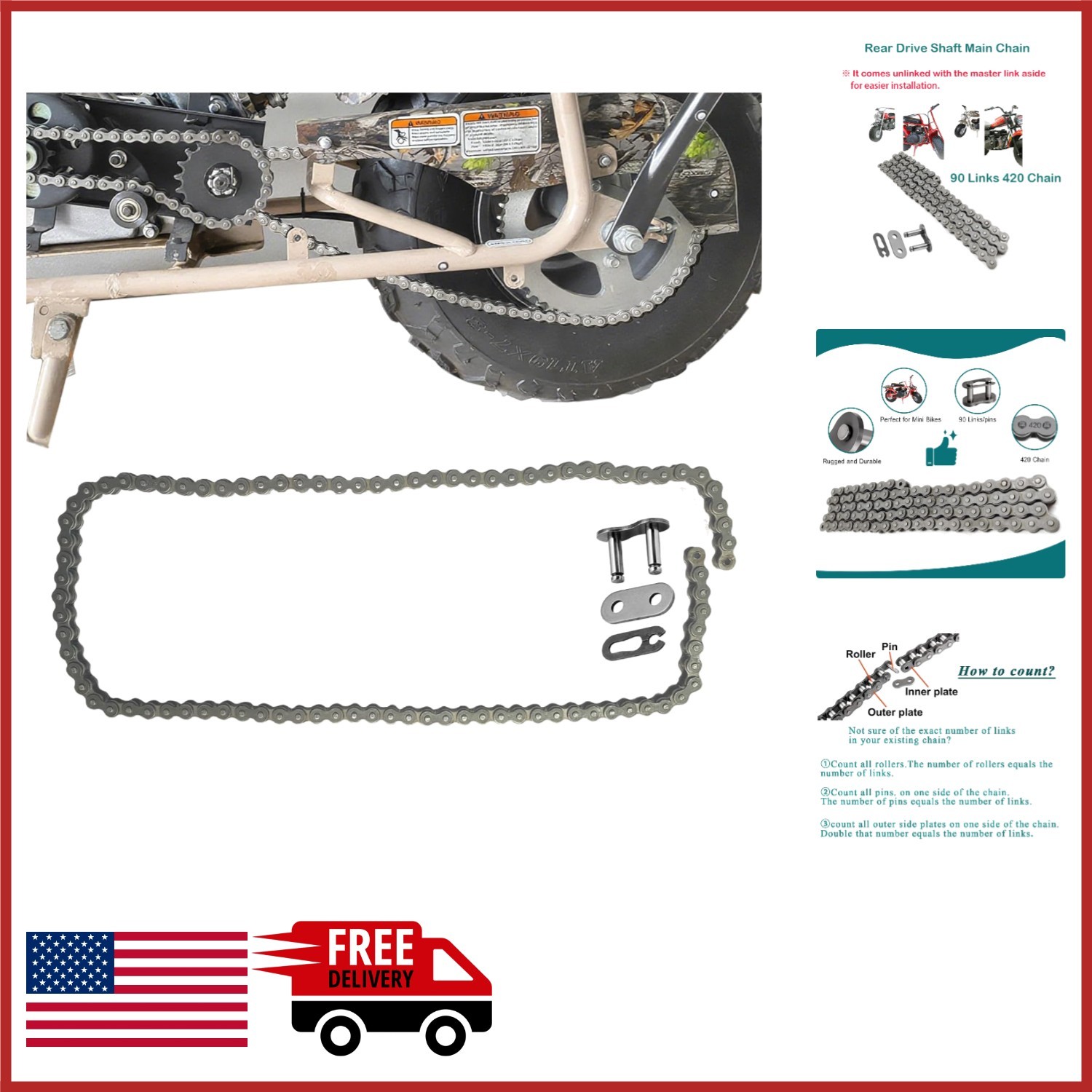 CT200U Mini Bike Chain 90 Links Heavy Duty for Various Mini Bike Models