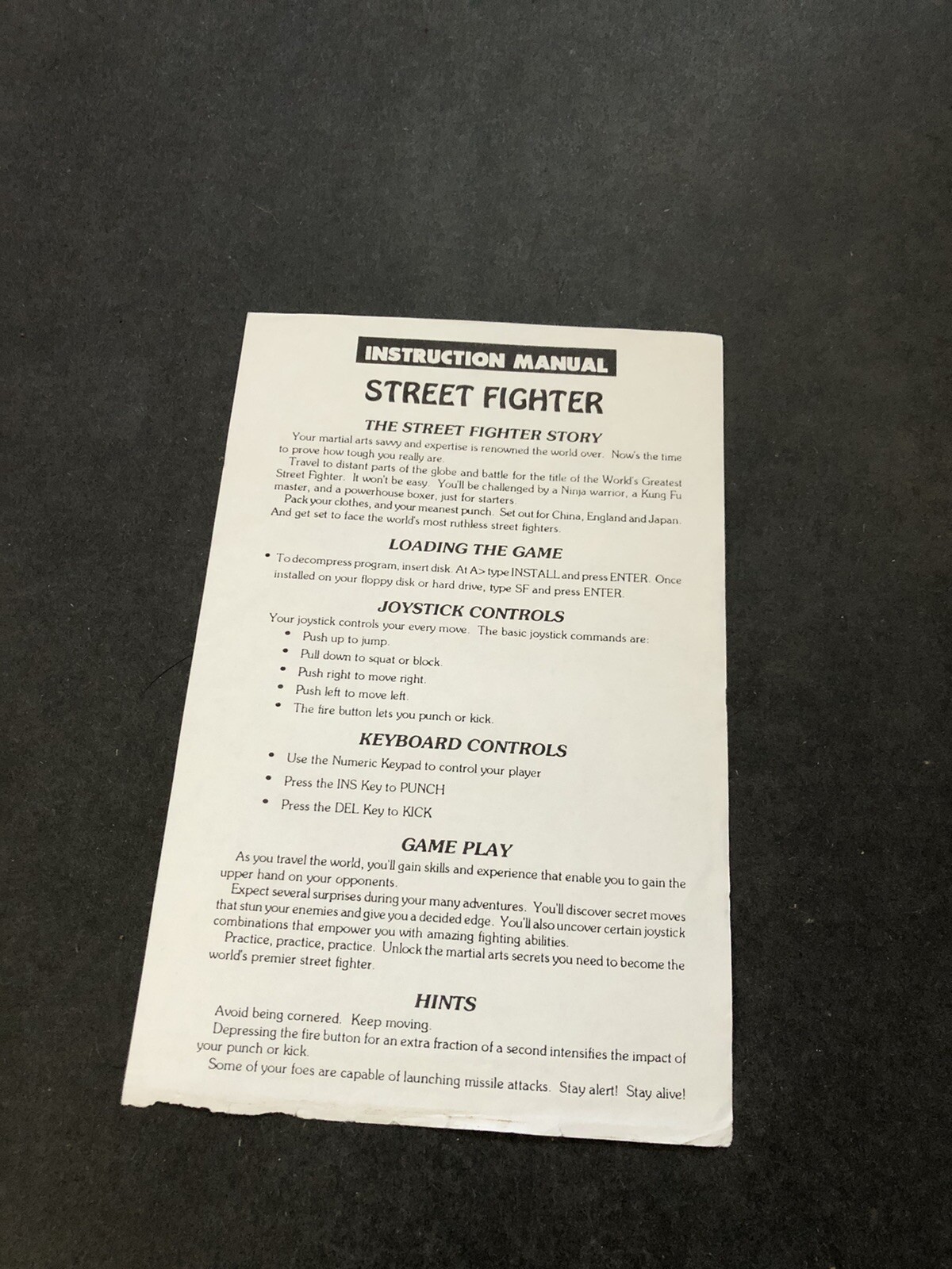 Street Fighter Pc Instruction manual insert