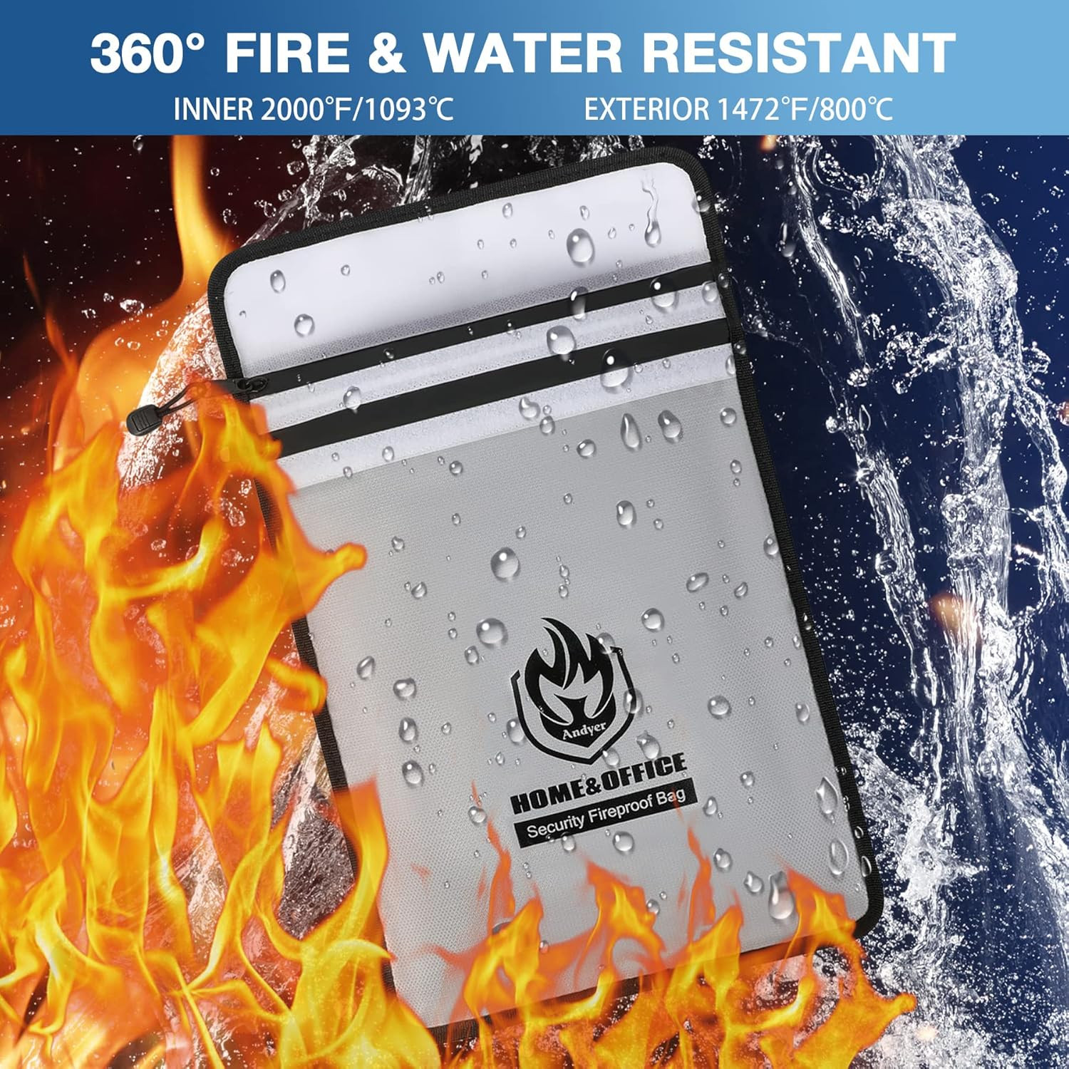 15"x11" Fireproof Waterproof Document Bag 2 Pocket Zipper Safe Storage Pouch