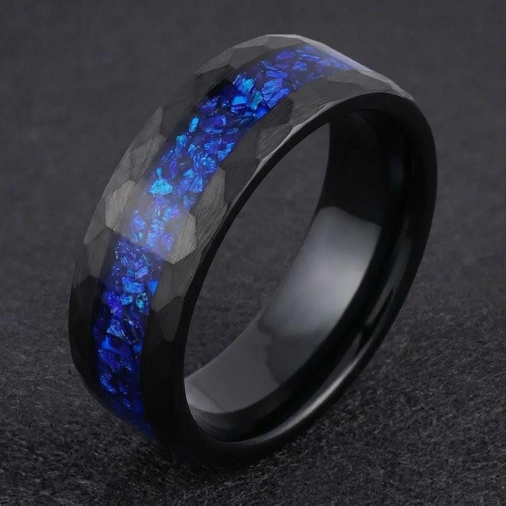 Sapphire Ring, Hammered Black Ring, Black Tungsten Ring, Mens Wedding Band,