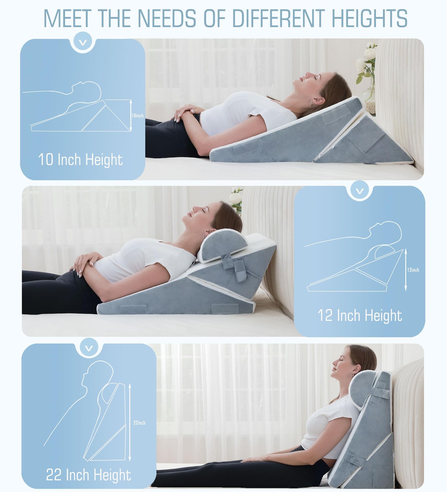 Orthopedic Bed Wedge Pillow 3Pcs 9&12 Inch Memory Foam Post Surgery Support