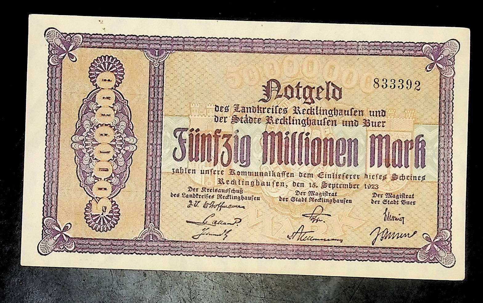 1923 Germany RECKLINGHAUSEN 50 Million / 50.000.000 Mark Banknote / Notgeld