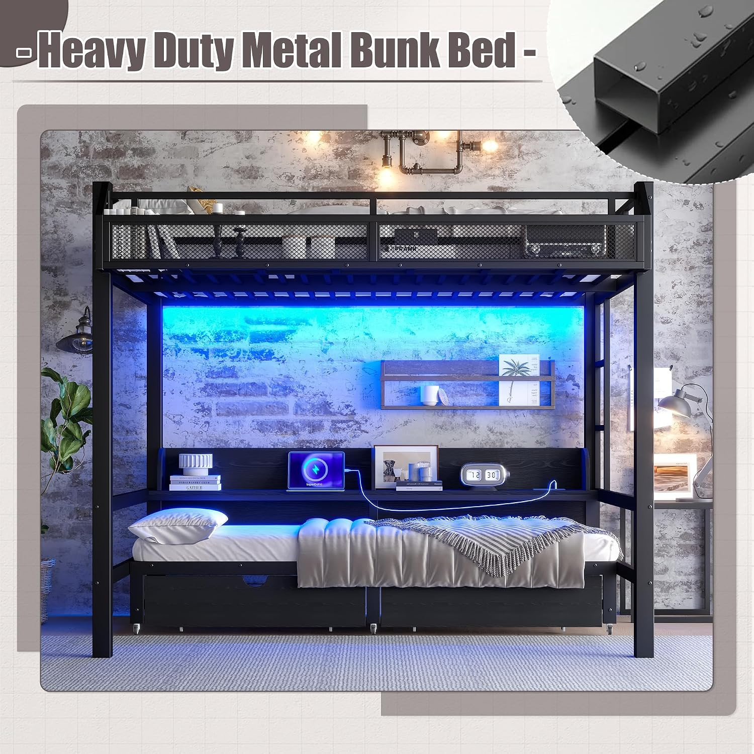 Queen over Queen Bunk Bed with Storage Shelves and Drawers, Metal Bedframe with