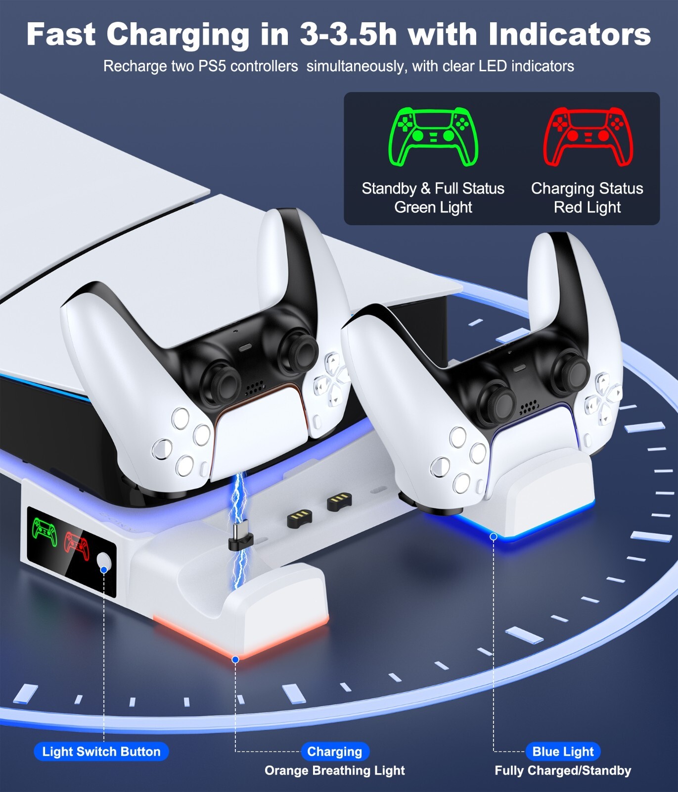PS5 Pro Horizontal Stand for PS5 Pro/Slim Consoles,Dual Controller Fast Charging