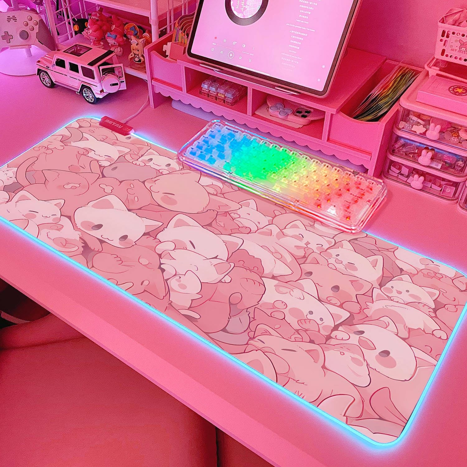 JMIYAV Pink RGB Gaming Mouse Pad 31.5x12 Inch PC XL 31.5" x 12", Dreamy Cats