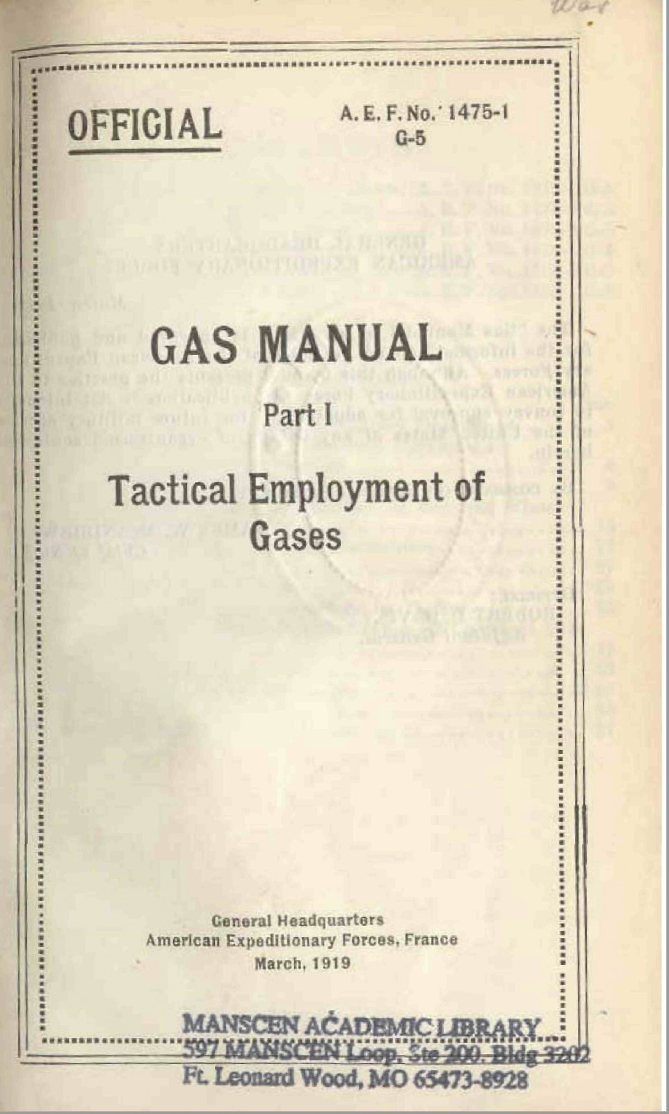 29 Page AEF No 1475-1 G-5 Gas Manual Part I Tactical Employment Of Gases on CD