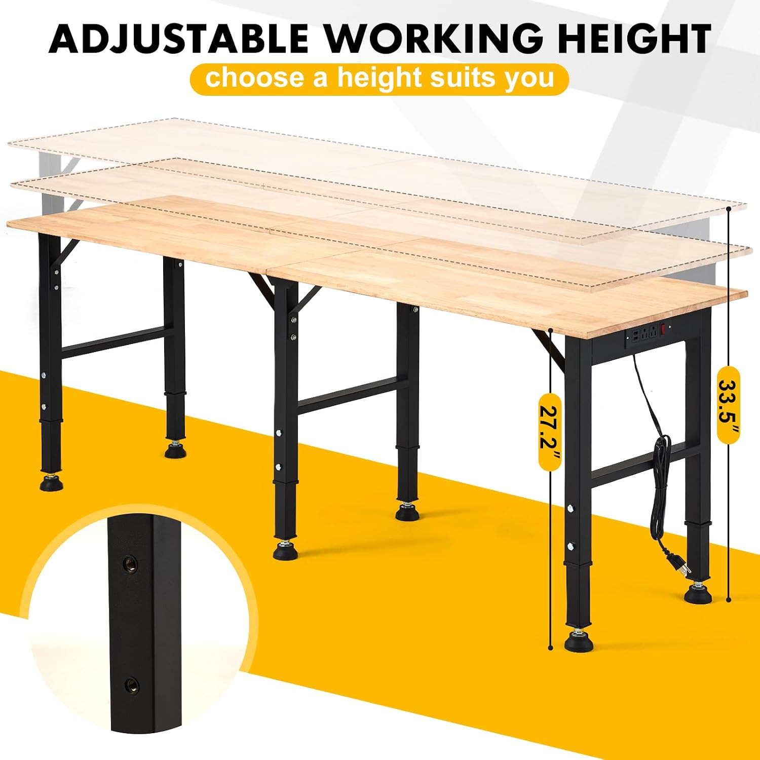 68'' Adjustable Workbench with Power Outlet, Heavy Duty Work Bench | 1500 LBS Lo
