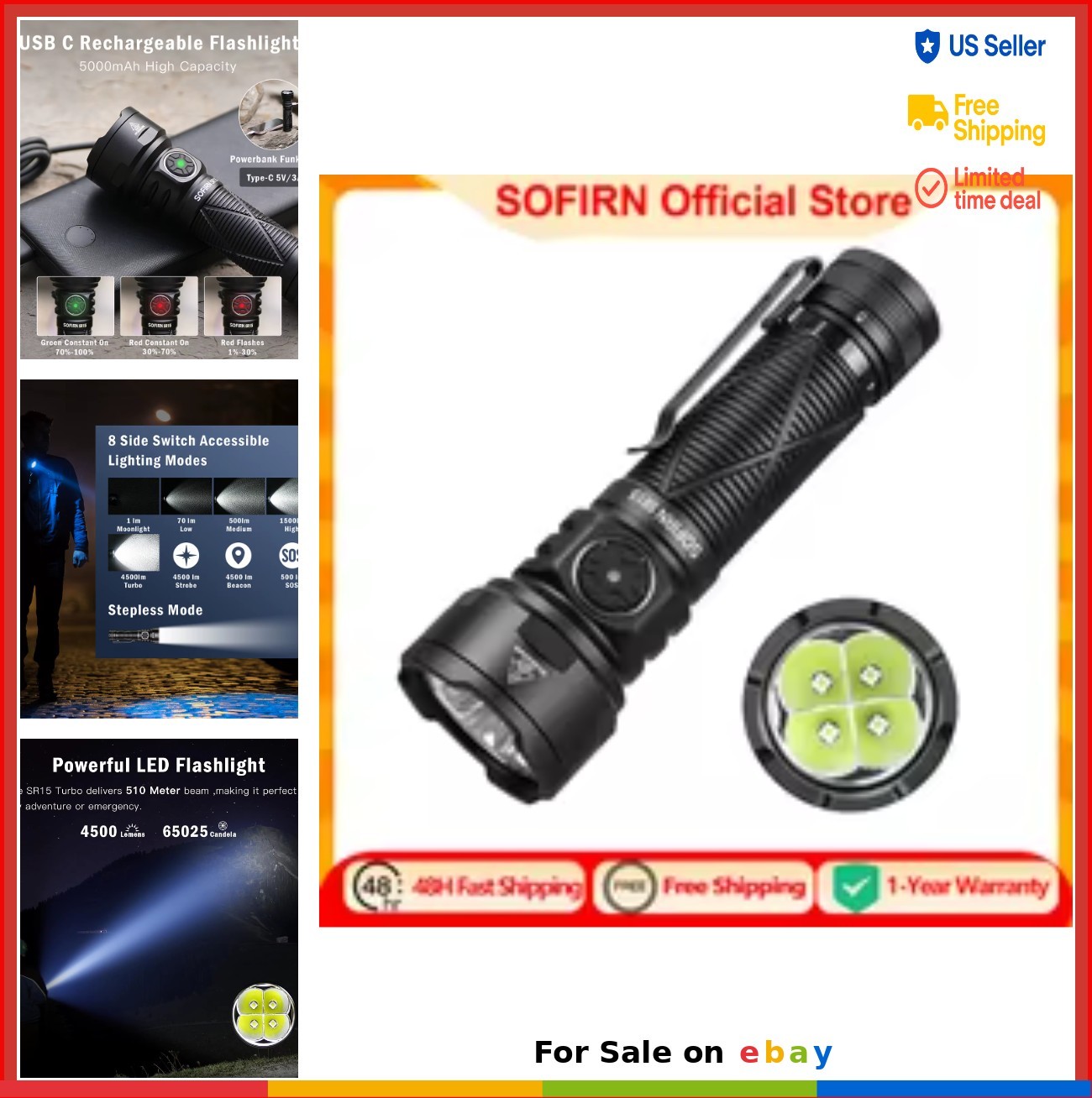 Flashlight 4500LM 21700 USB-C Rechargeable Shock Resistant Hard Light High
