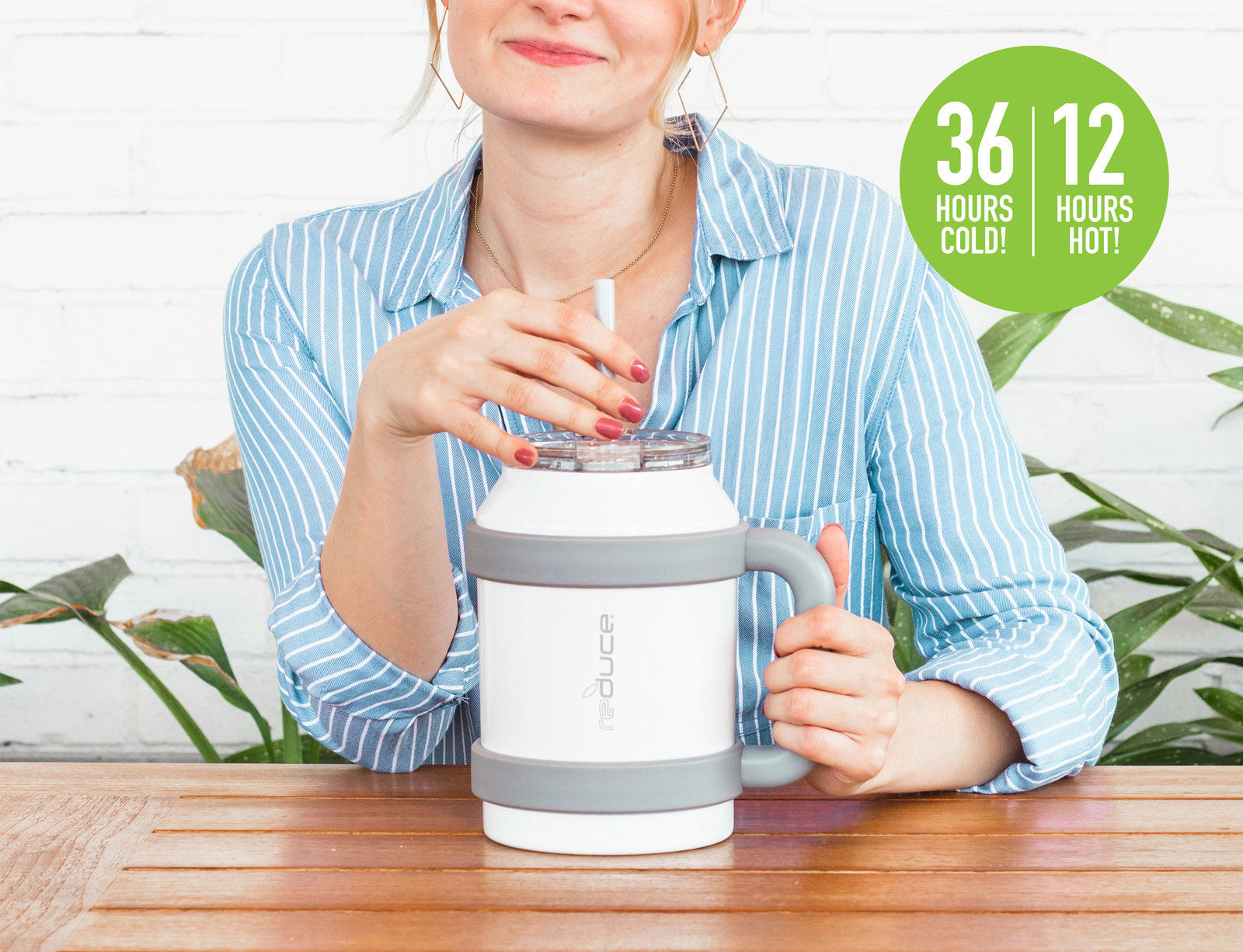 Reduce 50oz Stainless Steel Mug With Straw, Lid & Easy-Carry Handle, Mild Mint