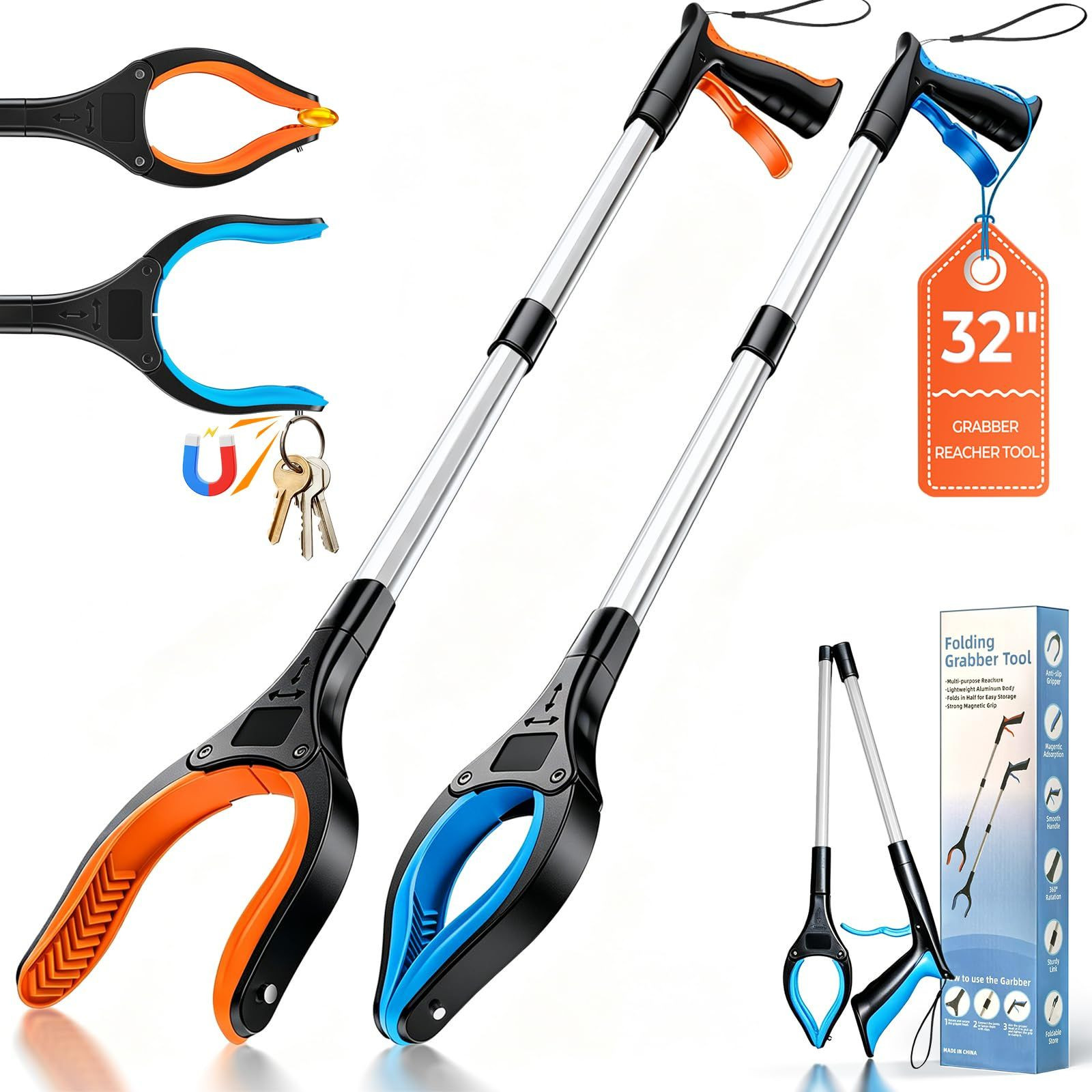 Nalife 32" Grabber Reacher Tools, 2 Pack Upgraded Strong 32 Inch, Blue/Orange