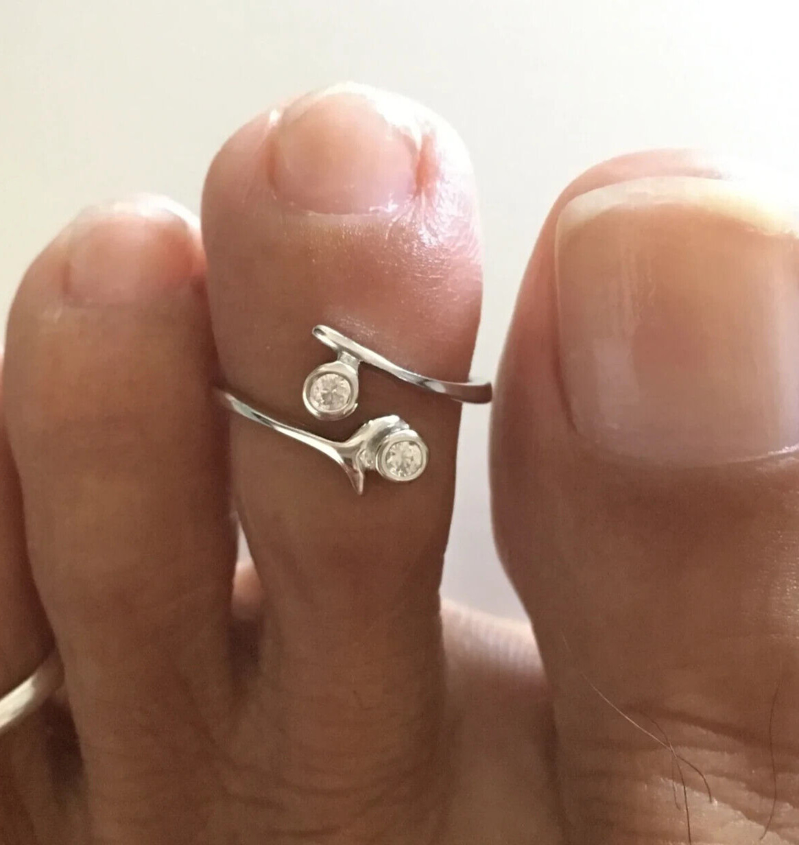 For Women's Double Bezel Adjustable Toe Ring in Round Cubic Zirconia 925 Silver