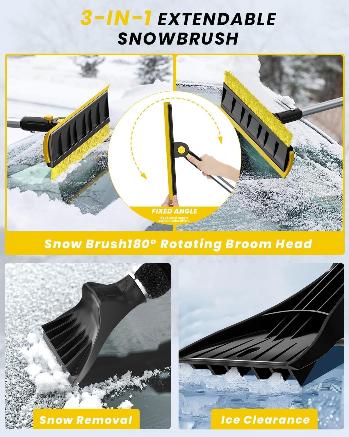 Versatile 3-in-1 Ice Scraper & Snow Brush - 55.7" Adjustable for All Vehicles