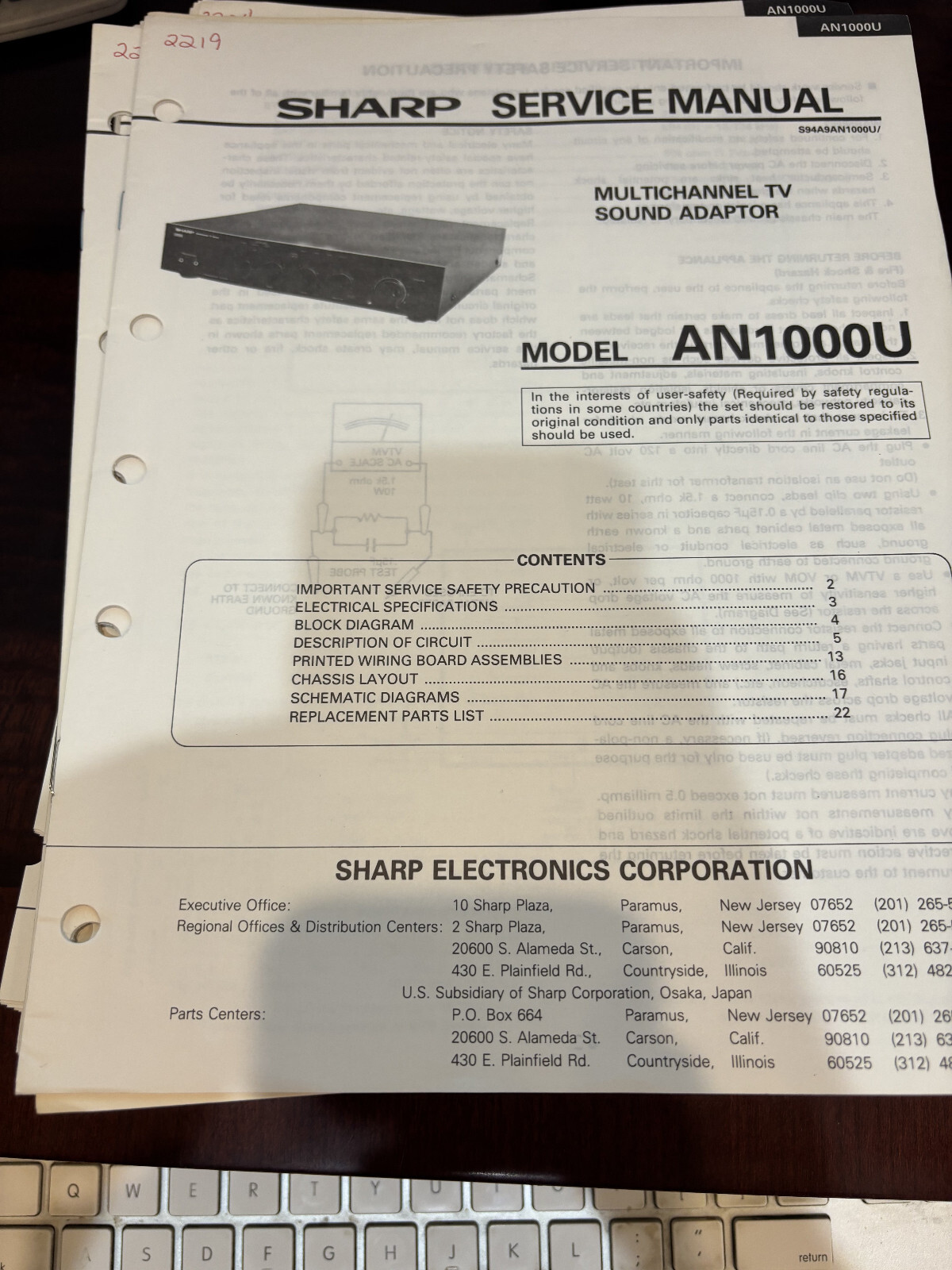 ORIG. SHARP AN1000U SOUND ADAPTOR Repair & Service Manual *ORIGINAL*