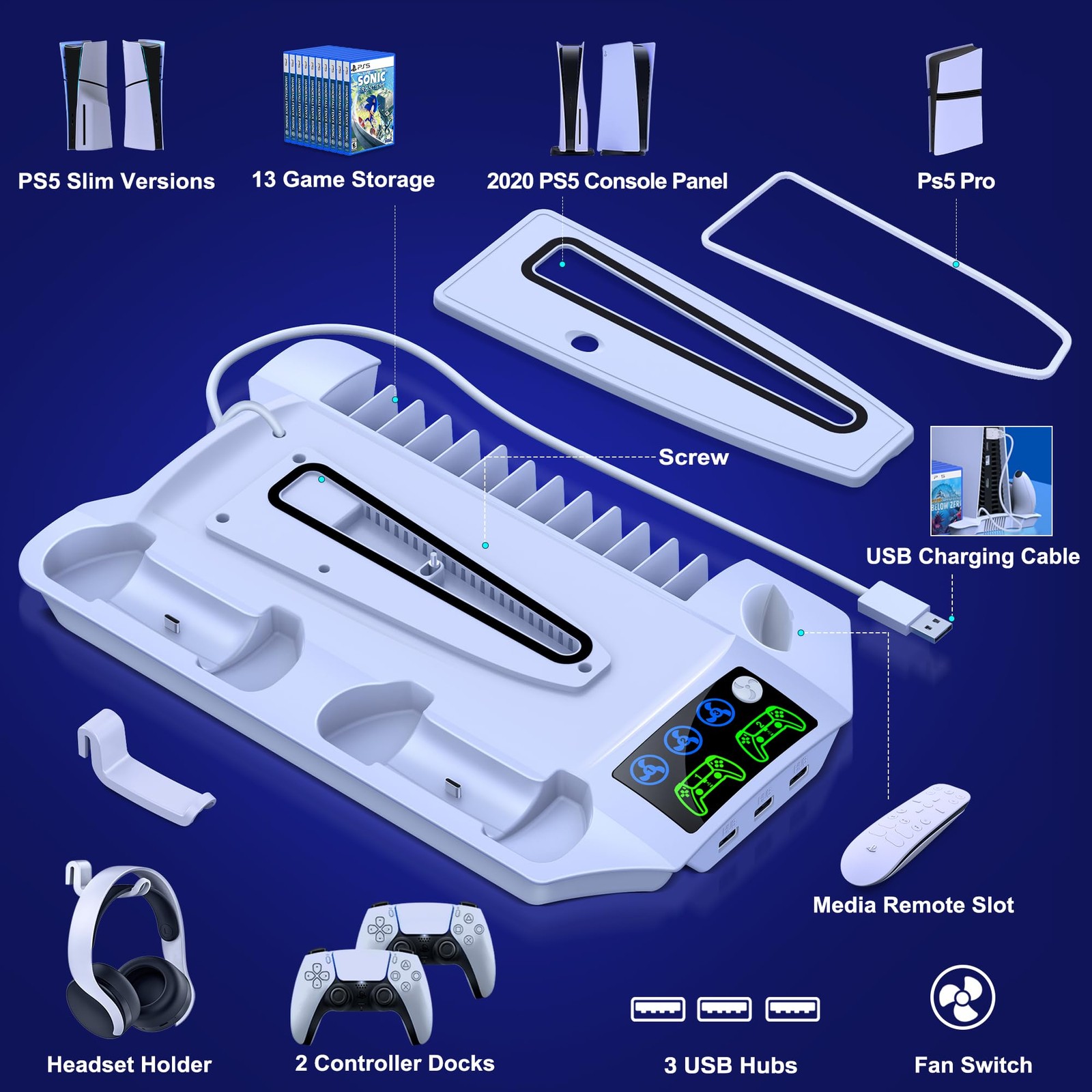 PS5 Pro/Slim/PS5 Stand and Cooling Station with Controller Q254-PS5