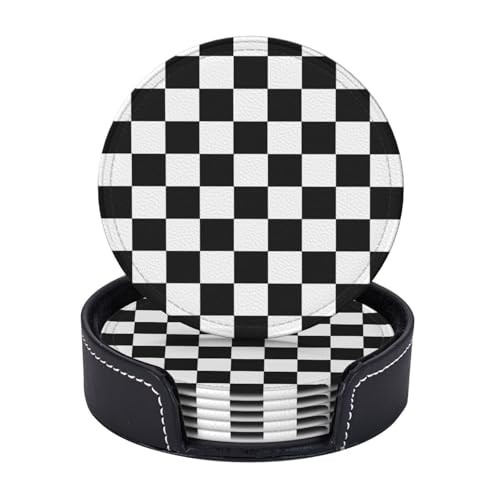 Set of 6 Pu Checkerboard Drink Coasters with Holder Stand - Black and White